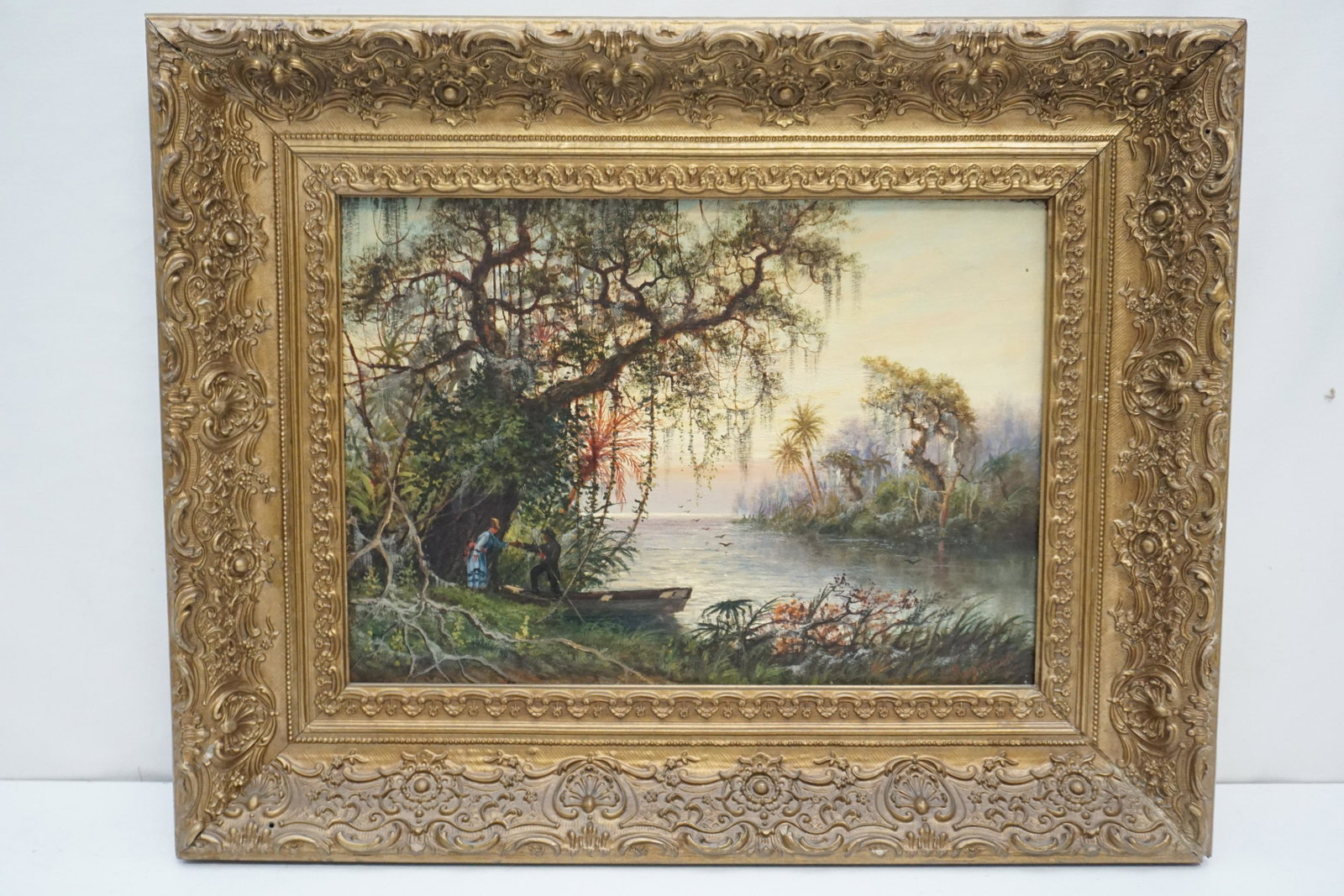 ANTIQUE SOUTHERN OIL ON CANVAS: Antique American Southern School Oil on Canvas. Romantic Coastal Landscape at Sunset with Figures. Signed bottom Right Raymond. In ornate Gilt Wood Frame. In frame 20"x16"x2"". Weight 4 pds. 6 oz PROV