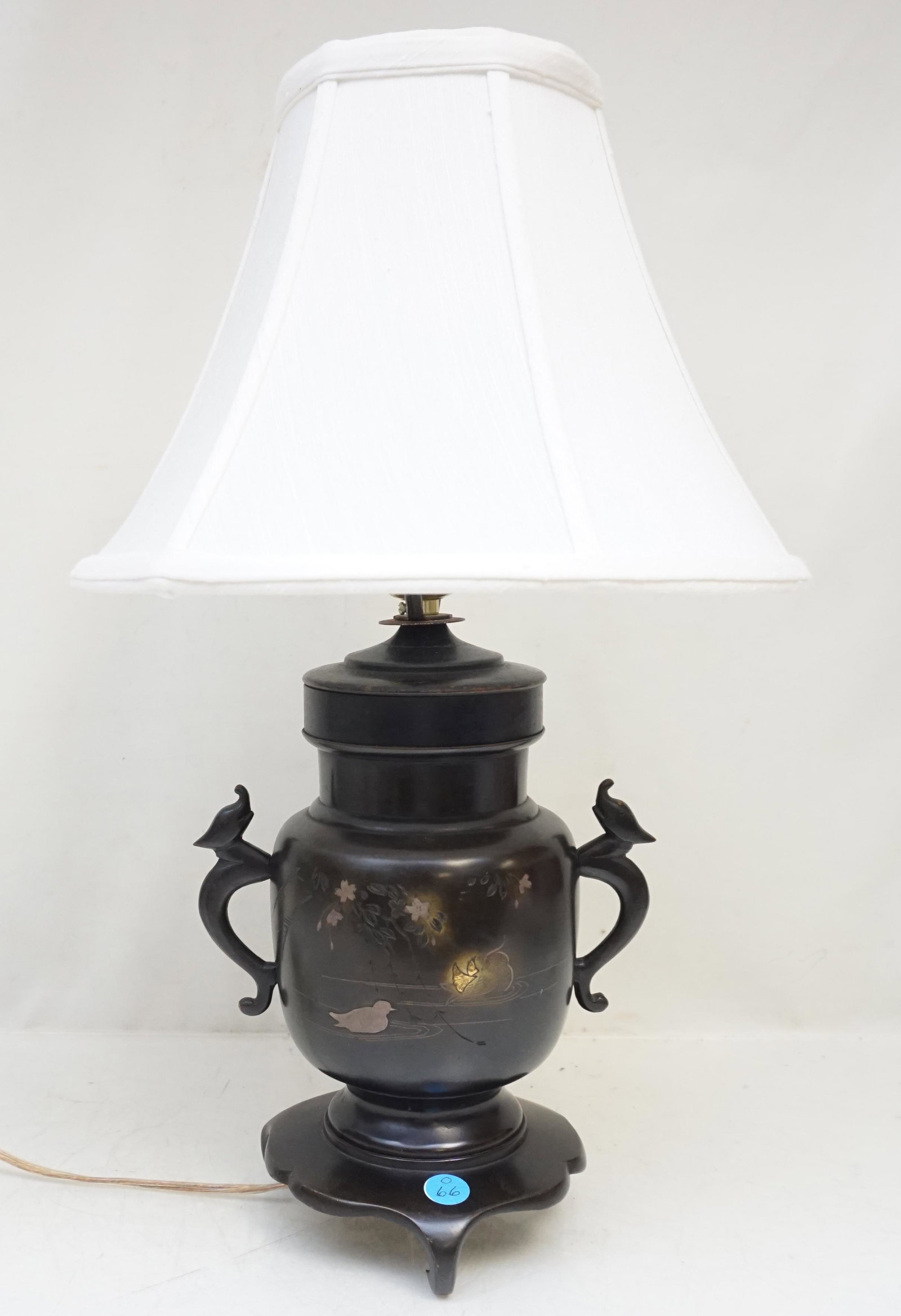 19TH CENTURY MEIJI PERIOD JAPANESE BRONZE VASE LAMP: Meiji Period Japanese Mixed Metal, Bronze, Silver, Gold Vase, mounted as a Lamp. Measures 19" including Shade. Weight 8 pds. PROVENANCE: A Private Charleston SC Estate.