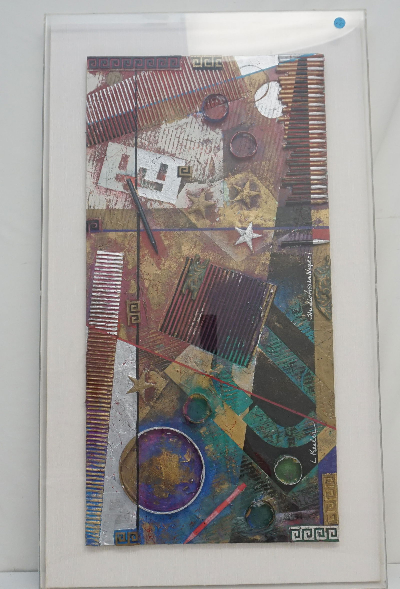LISA KESSLER MIXED MEDIA ASSEMBLAGE ART: Lisa Kesler 20th c Contemporary Mixed Media Assemblage Art in Plexiglass Frame. Measures 20"x36"x2". Weight 12 pds. Lisa Kesler's mixed-media works on paper and canvas integrate printmaking, collage,