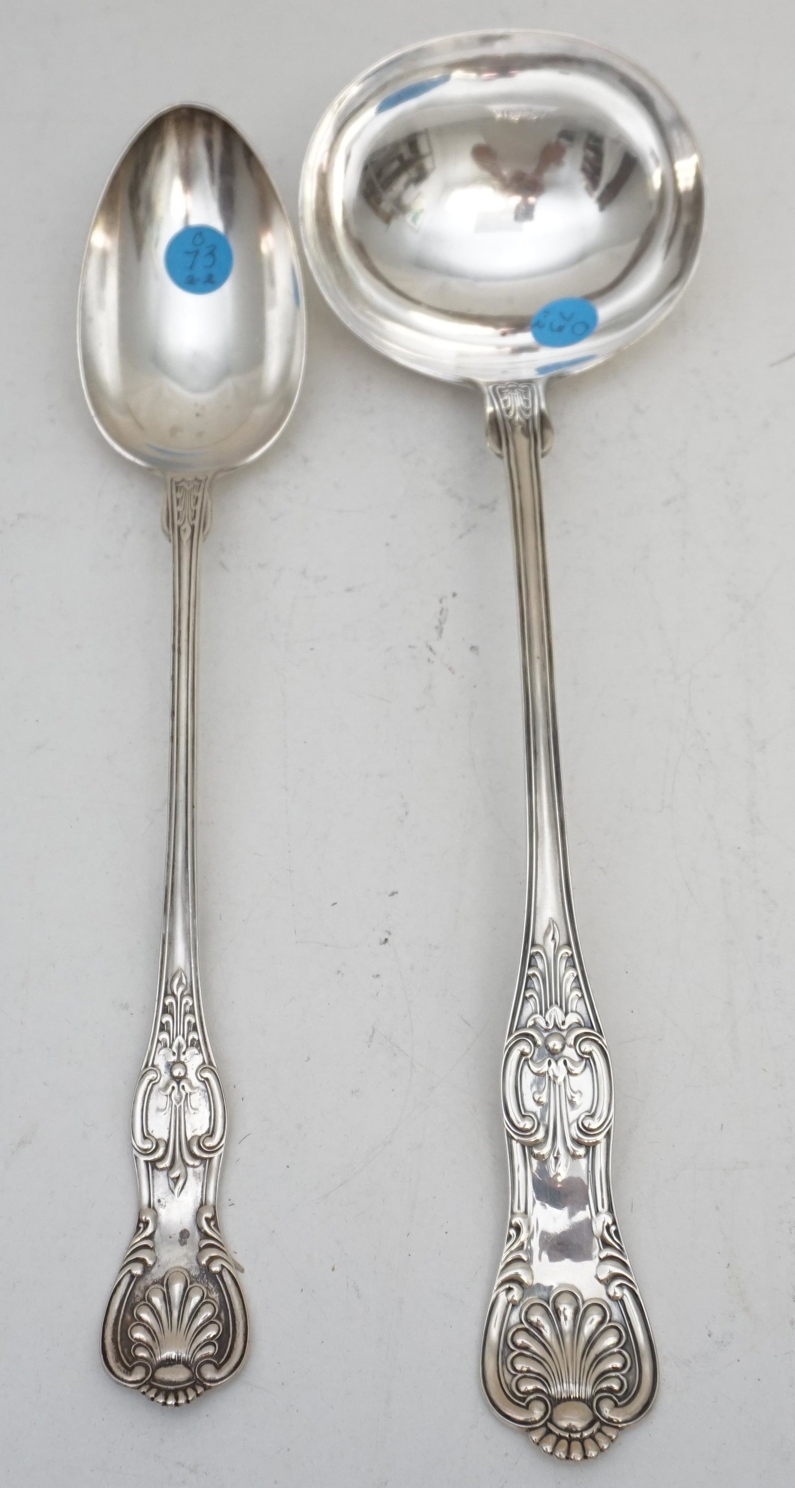LARGE STERLING LADLE + STUFFING SPOON KINGS PATTERN: Very large Sterling Soup Ladle from Ball, Black & Co (as a partnership of Henry Ball, William D. Black and Ebenezer Moore) c. 1851-1874. During this time the firm was the leading jewelry house in the 
