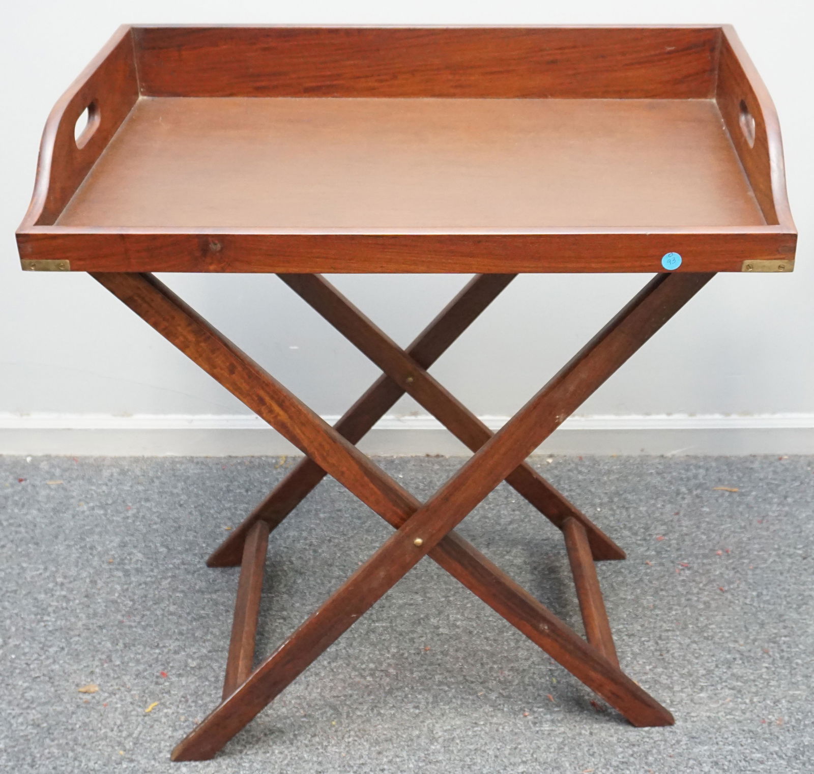 ENGLISH MAHOGANY BUTLERS TRAY WITH STAND: Large English Mahogany Butlers Tray of Rectangular form with two open handles and gallery, brass accents, raised on wood folding stand.Fabulous for Bar Setup. Measures 18"x30"x39". NO IN HOUSE SHIPPIN
