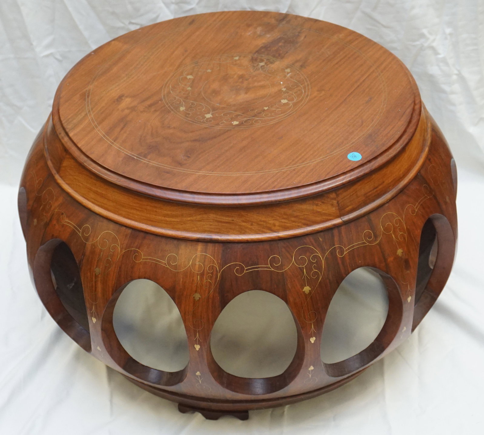 ROSEWOOD & BRASS INLAID TABLE: 20th c. Anglo Indian inlaid Brass Sheesham Rosewood Low Occasional Table, made in Pakistan. Measures 27"x27"x17". NO IN HOUSE SHIPPING. PROVENANCE: A Private Charleston SC Estate.***Pickup only or Shi