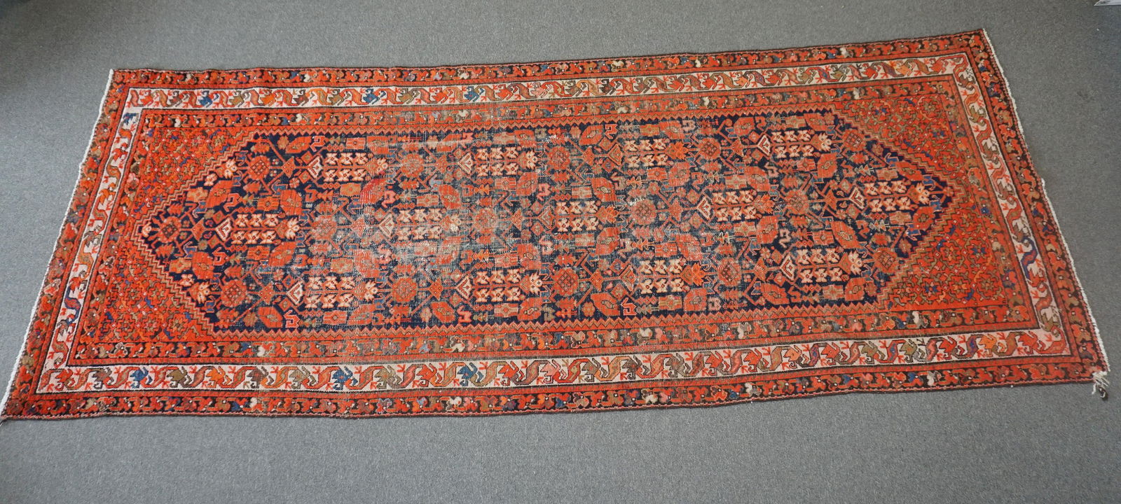 ANTIQUE PERSIAN MALAYER RUG 5x12.10: Antique 19th c. Quality Hand Knotted 100% Wool Malayer Rug, Northwest Persia. Some age appropriate wear, a few small holes. Large Runner at 5 Feet by 12 Feet 10 inches. PROVENANCE: A Charleston SC Pri
