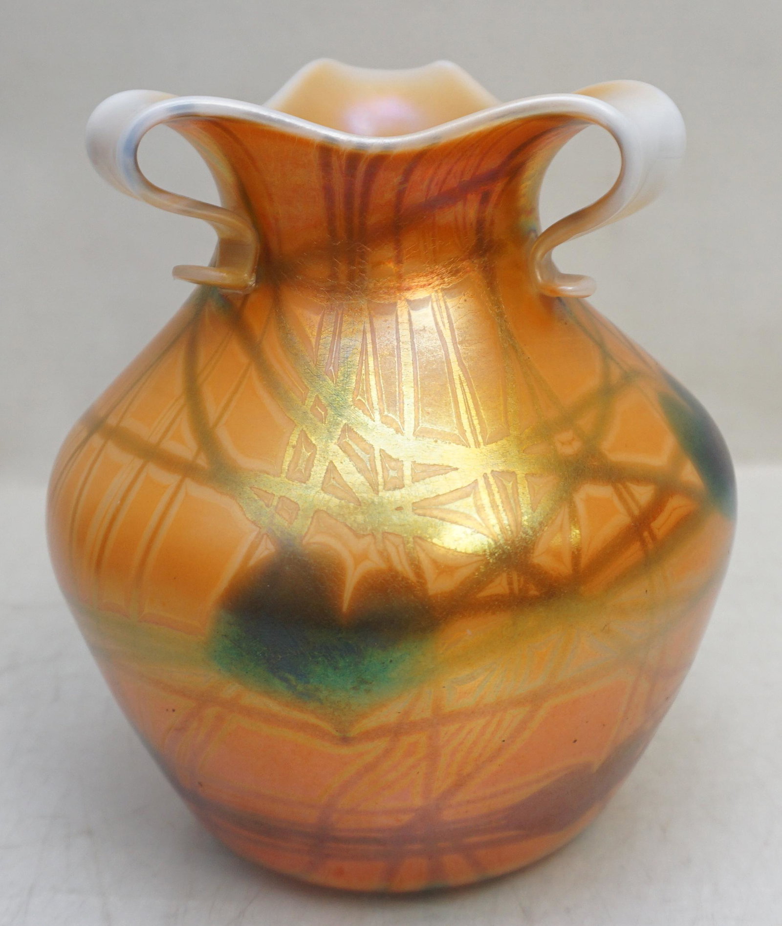 IMPERIAL GLASS FREEHAND W ORIGINAL LABEL: Imperial Glass Freehand Lead Lustre Heart and Vine Pattern Vase produced by Imperials Oscar Ekstedt. The vase is done in Imperials highly sought after Heart and Vine pattern and it is a part of Imperi