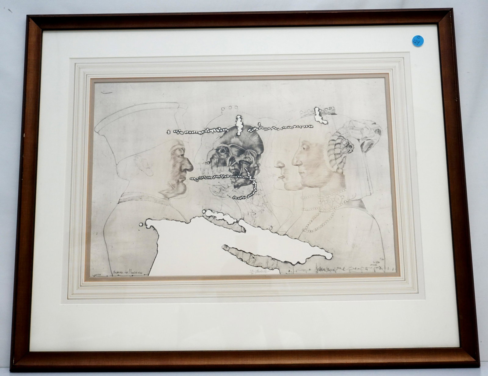 JIRI ANDERLE DRYPOINT & MEZZOTINT ETCHING: Jiri Anderle (b. 1936, Czech Republic) Drypoint and Mezzotint Etching. "Federico da Montefeltro and Battista Sforza". Signed and numbered 27 of 70 in pencil by the Artist. Professionally framed and ma