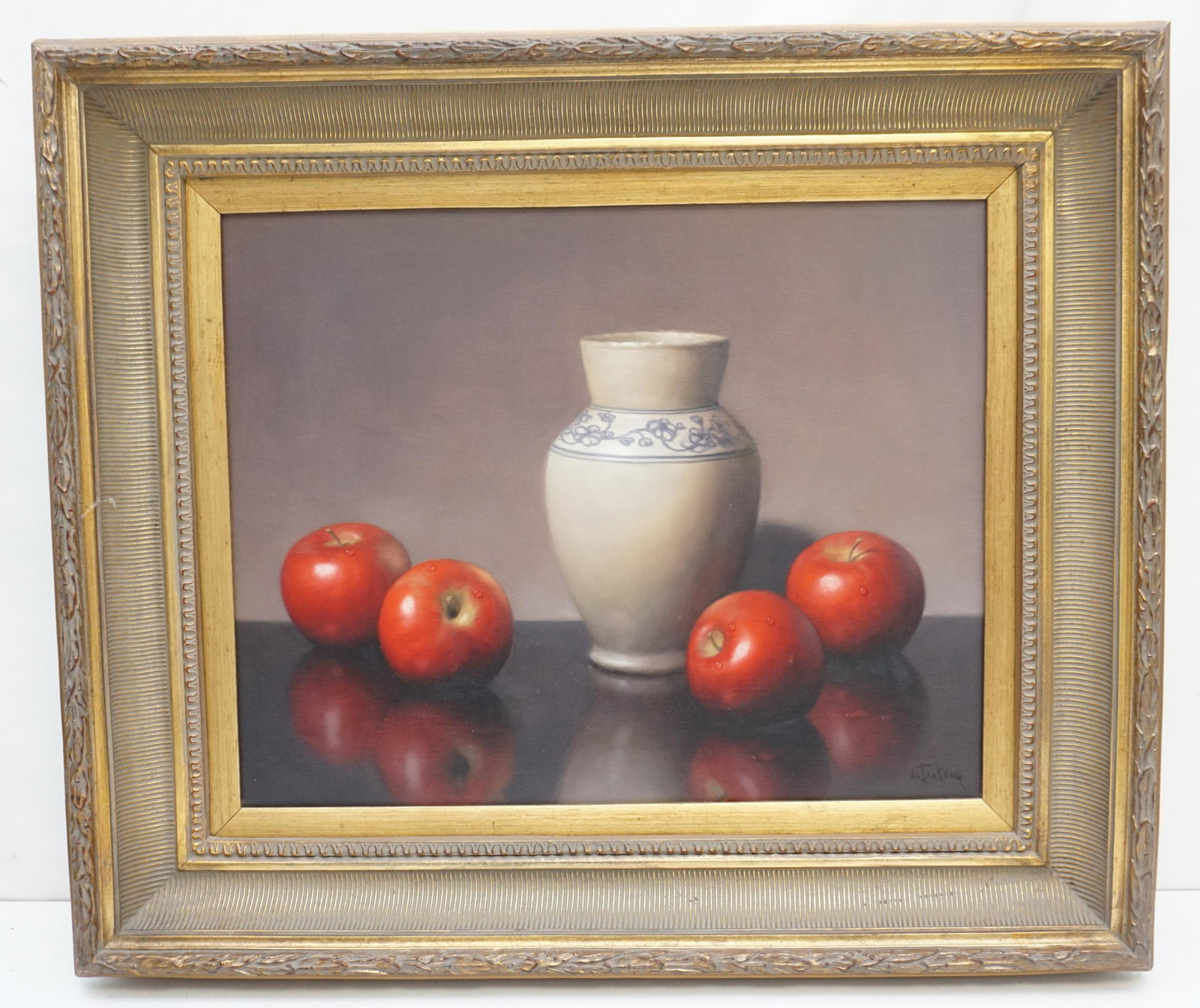AL ALFRED JACKSON (1940-2001) STILL LIFE: Al Alfred Jackson (American 1940-2001) Oil on Canvas Still Life. Apples and Pottery Vase. Signed lower right. In Ornate gilt wood frame. Measures 24"x28"x3". Weight 10 pds. Al Alfred Jackson, was an A