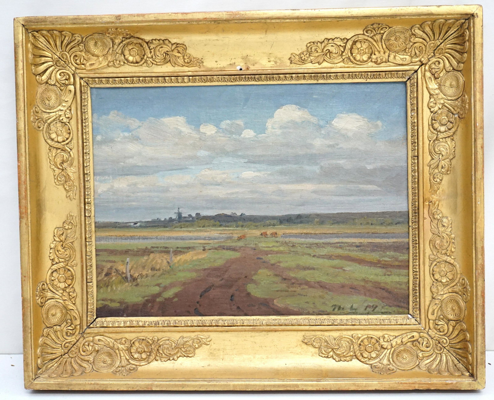 THORVALD LARSEN (1881-1947) OIL ON CANVAS: Thorvald Larsen (1881-1947) Danish Landscape Oil on Canvas. Signed lower Right. In Antique Ornate French Gilt Wood Frame. Measures 17 1/2"x14 1/2"x2". Weight 3 pds. Larsen belonged to the circle aroun