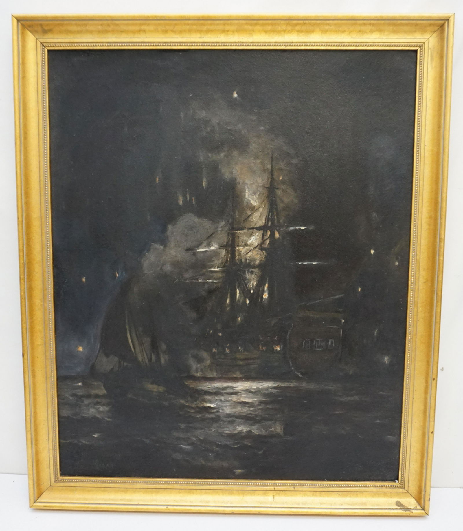 EDWARD MORAN (1829 - 1901) MARITIME MOONLIGHT OIL: Edward Moran (American, 1829-1901), Oil on Board, Maritime Moonlight, painted en grissaile, signed lower left. In gilt wood frame. In frame measures 26"x30"x1". Weight 7 pds. Minor wear, scuffs, paint