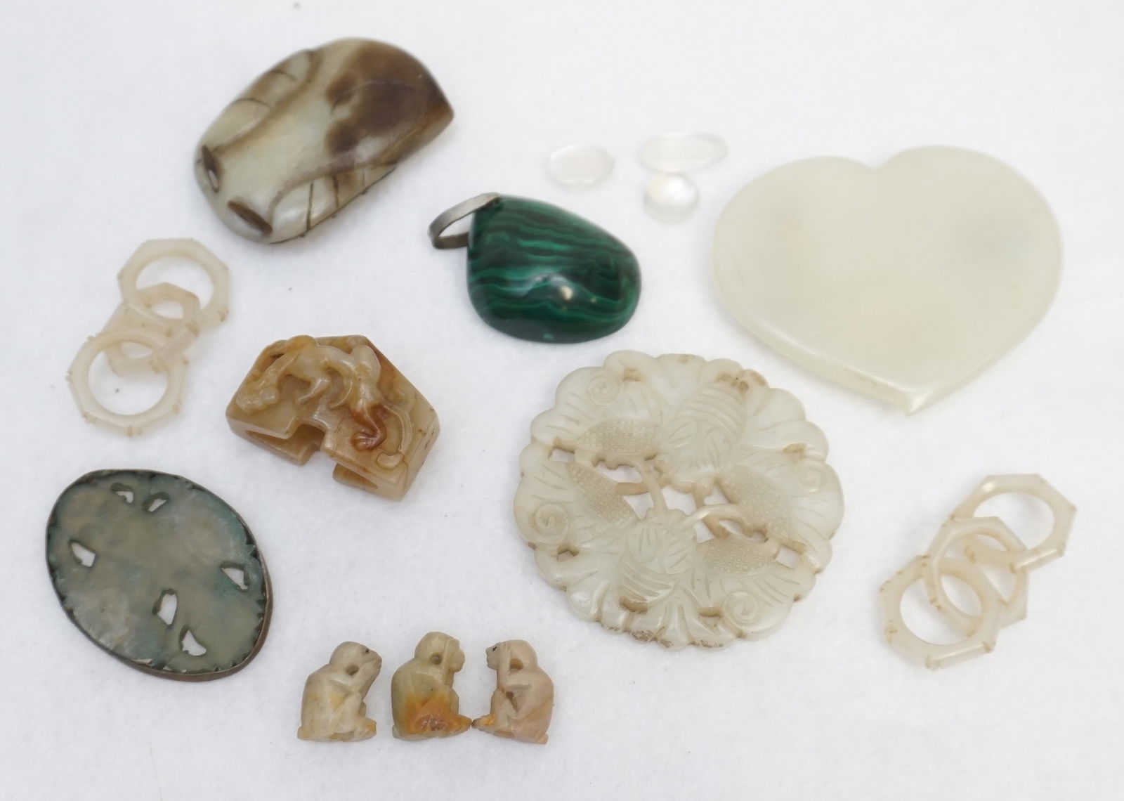 11 PIECE JADE + MALACHITE +: All are Vintage Jade, Malachite. 1- Chinese Jade Butterfly Mirror Image Disk / Pendant 2". 2- Chinese Jade Cicada Bug Pendant 2". 3- Chinese Jade Wise Man Pendant 1 3/4". 4- Chinese Slide with Dragon.