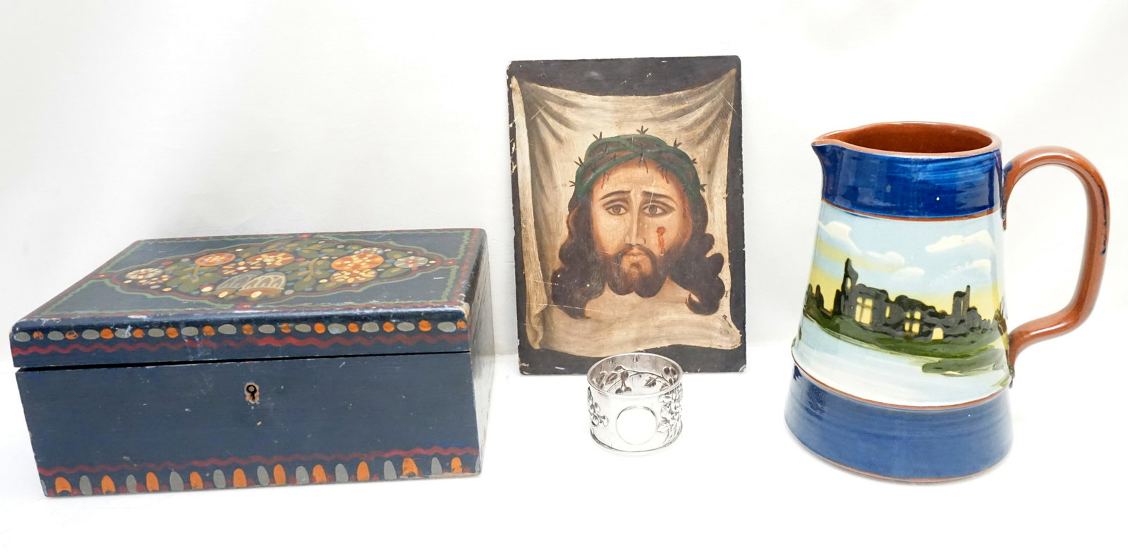 4 pc CHINESE EXPORT SILVER - ICON -BOX-JUG: 1- Chinese Export Silver Napkin Ring 1 1/4", Mums, marked S 85. 2- Hand Painted Oil on Tin Retablo, 7"x5 1/4". 3- Torquay Hand Painted Pottery Jug 6". 4- Hand Painted Folk Art Box 8"x5"x3 1/2". Weight