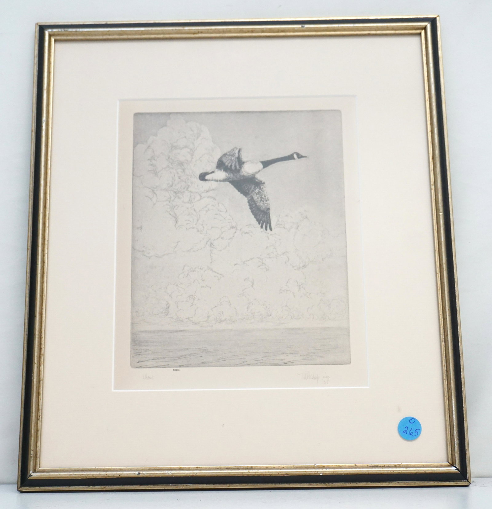 RICHARD BISHOP 1930s ALONE PRINT: Richard Bishop Print "Alone". Canadian Goose. Framed and Matted measures in frame, 14"x16 1/2"x1". Weight 2 pds 7 oz. During the 1920s, Richard Bishop produced a large number of different drypoint etc