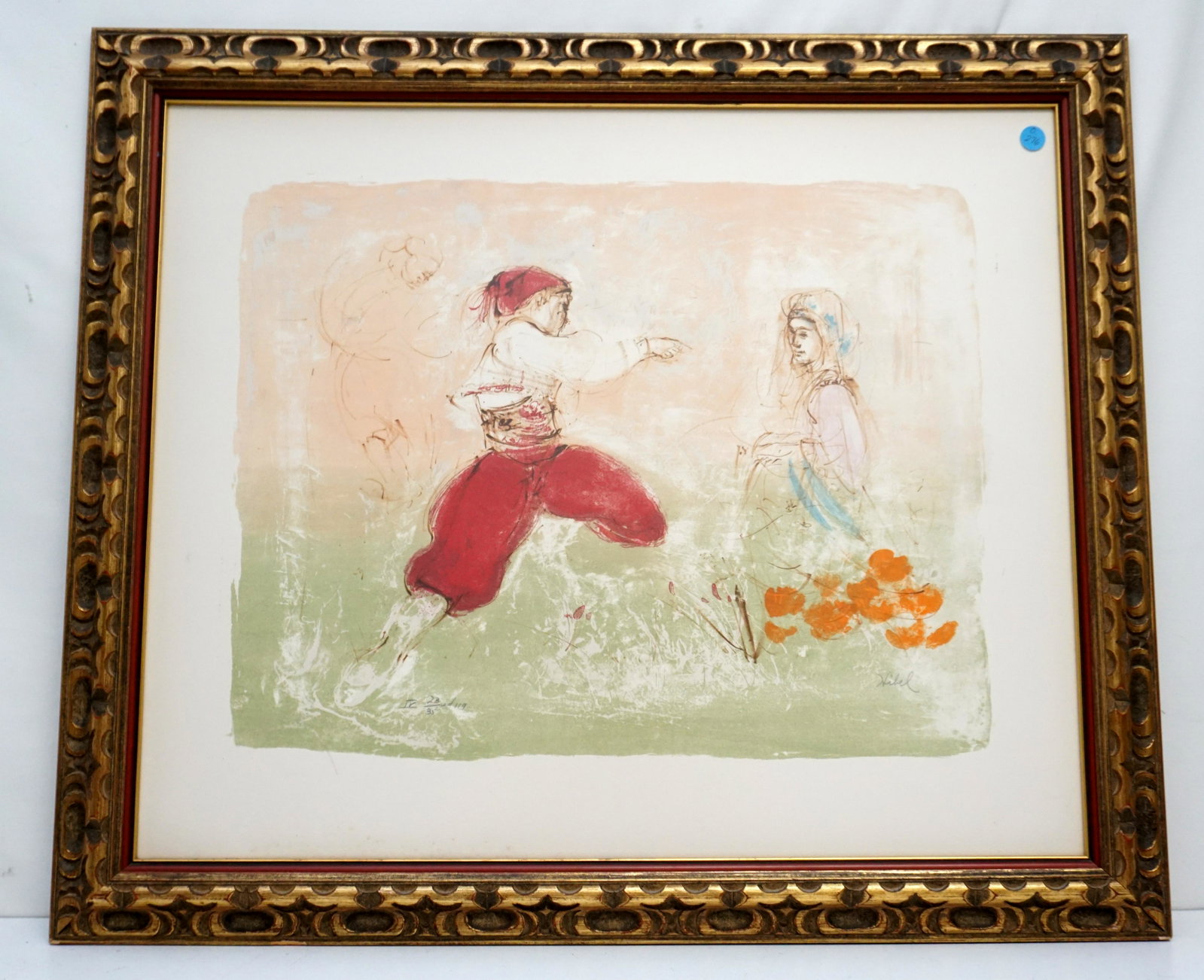 EDNA HIBEL GREEK DANCERS LITHOGRAPH: Edna Hibel Limited Edition "Greek Dancers IV" Lithograph. Pencil Signed and numbered by the artist. #35/119. COA on back. Gallery framed and matted. In Frame 26"x31"x1". Weight 7 pds. PROVENANCE: A Pr