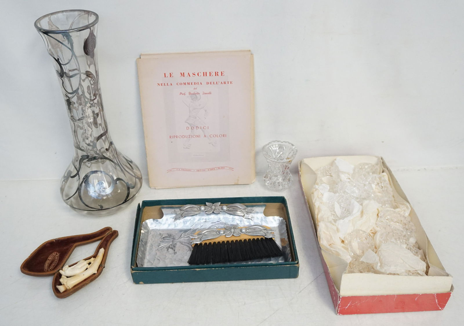 6 pc DEALER LOT SILVER OVERLAY - SALTS +: All are Vintage. 1- Tall Siver Overlay Vase 12 1/2" tall. 2- Ten Cut Glass Napkin Rings 2 1/4". 3- Hand Wrought Rodney Kent Aluminum Crumber Set like new. 4- 10 Vintage La Maschere Italian Nella Comme