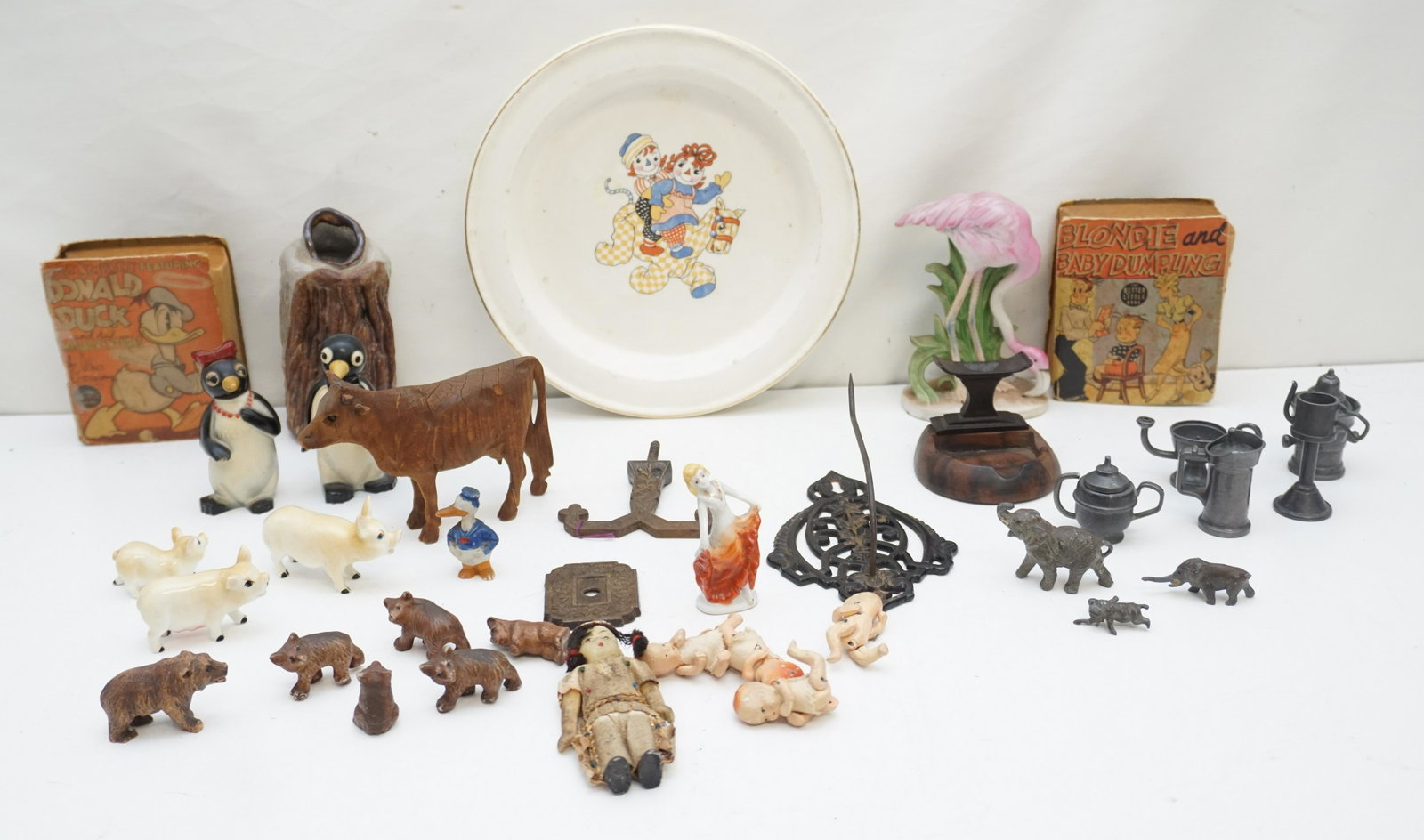 BOX LOT VINTAGE TOYS PORCELAIN + WILLIE & MILLIE: 1- Pair of Vintage 1950s Willie & Mille Salt and Pepper Shakers made by Fiedler & Fiedler Mold and Die Works Co. 2-Two c. 1937 Little Big Books Disneys Donald Duck and Blondie and Baby Dumpling 3- Six