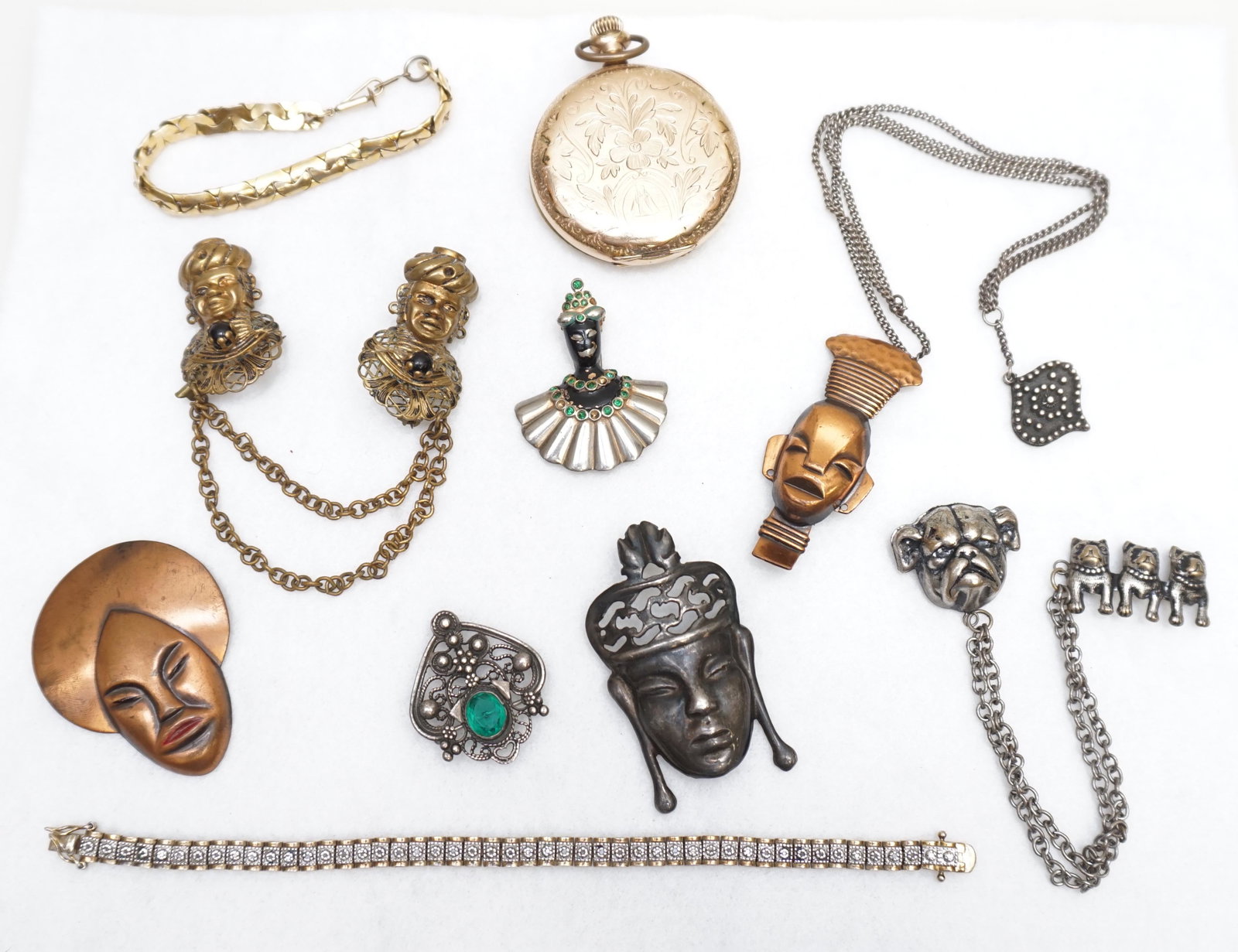11 PC VINTAGE COSTUME JEWELRY: All are Vintage. 1- Bulldog Sweater Clip. 2- Turban Arabic Sweater Clip. 3- American Waltham Watch Co, Hunter Cased Pocket Watch, no glass, not running c. 1903, serial #12442132. 4- Two (2) Copper Afr