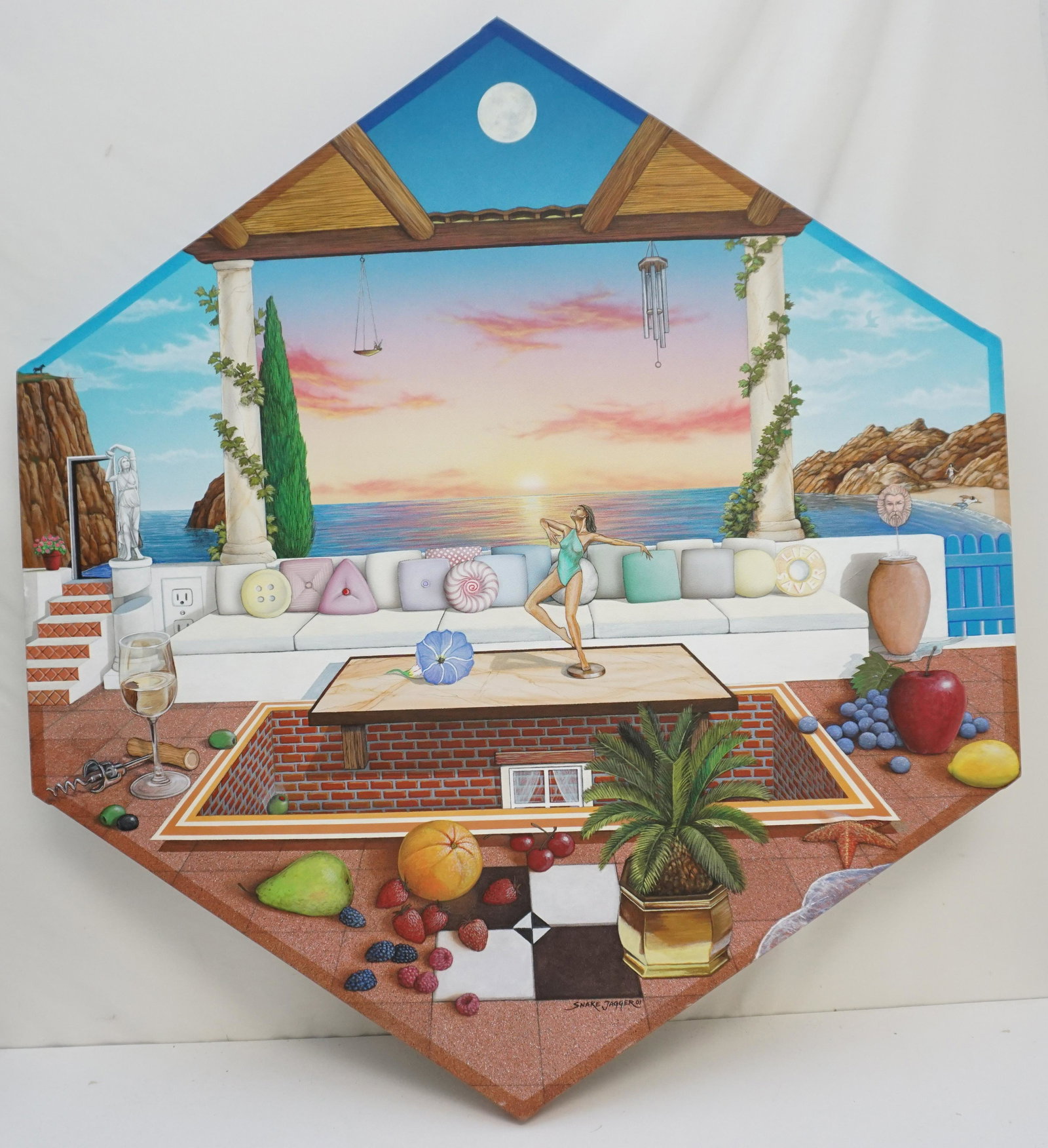 SNAKE JAGGER FLORIDA GICLEE: Vintage Snake Jagger "Florida" Giclee on Canvas. â€‹Measures 42"x39"x2". Weight 3 pds. Snake Jagger refers to his artistic style as Whimsical Surrealism. Born in Los Angeles in 1955, Jagger spent