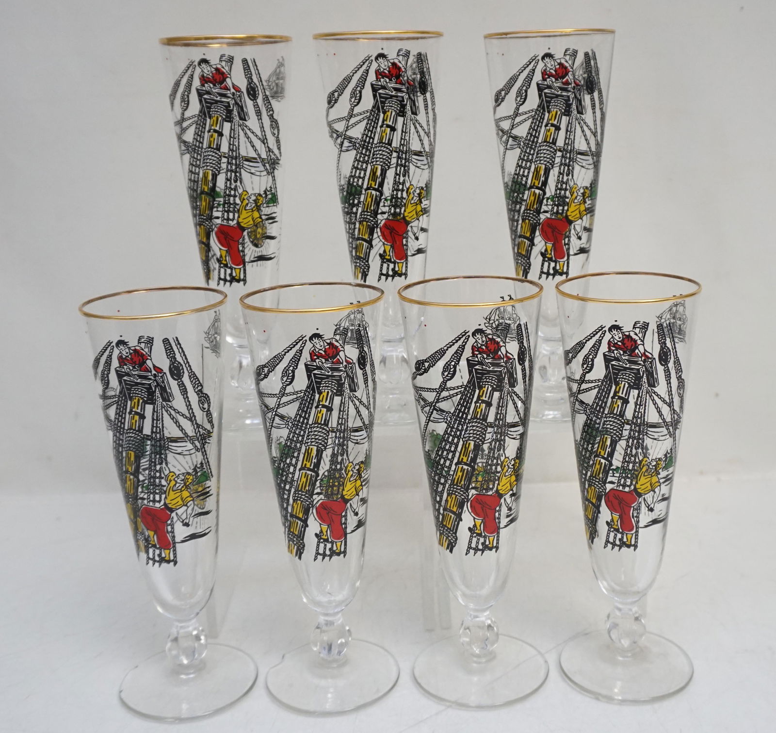 7 MID CENTURY PIRATE PILSNER GLASSES: 7 Mid century Pirate Pilsner beer glasses from Libbey c. 1960s. Retro Barware. Each 8 1/2". Weight on all 5 pds 5 oz. Good condition. PROVENANCE: A Private Charleston SC Estate