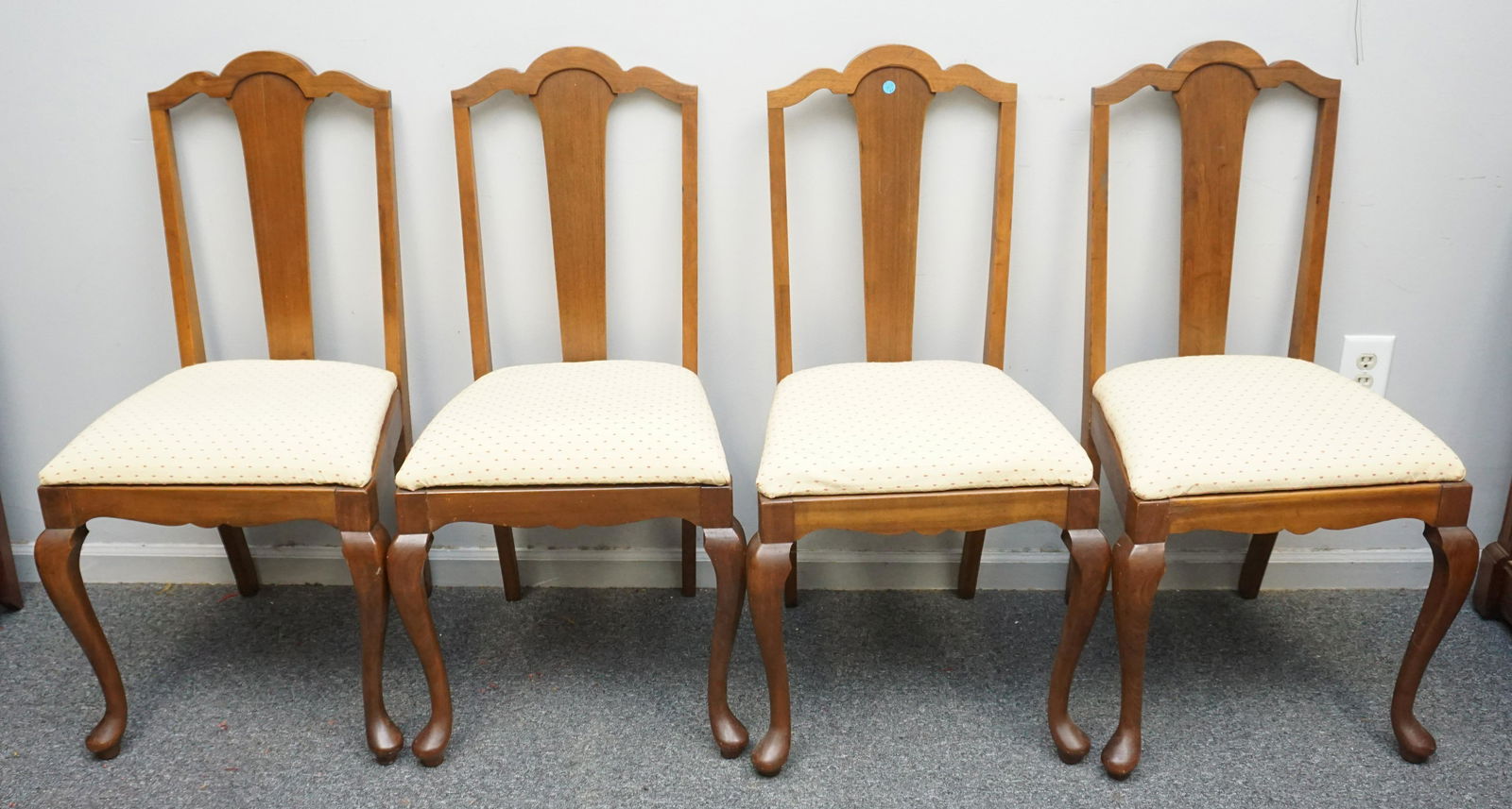 4 VINTAGE DINING ROOM CHAIRS: Four Vintage Queen Anne Style Upholstered Dining Chairs c. 1940s. Each 21"x19"x37" NO IN HOUSE SHIPPING. PROVENANCE: A Private Charleston SC Estate.***Pickup only or Shipping on this item offered thro