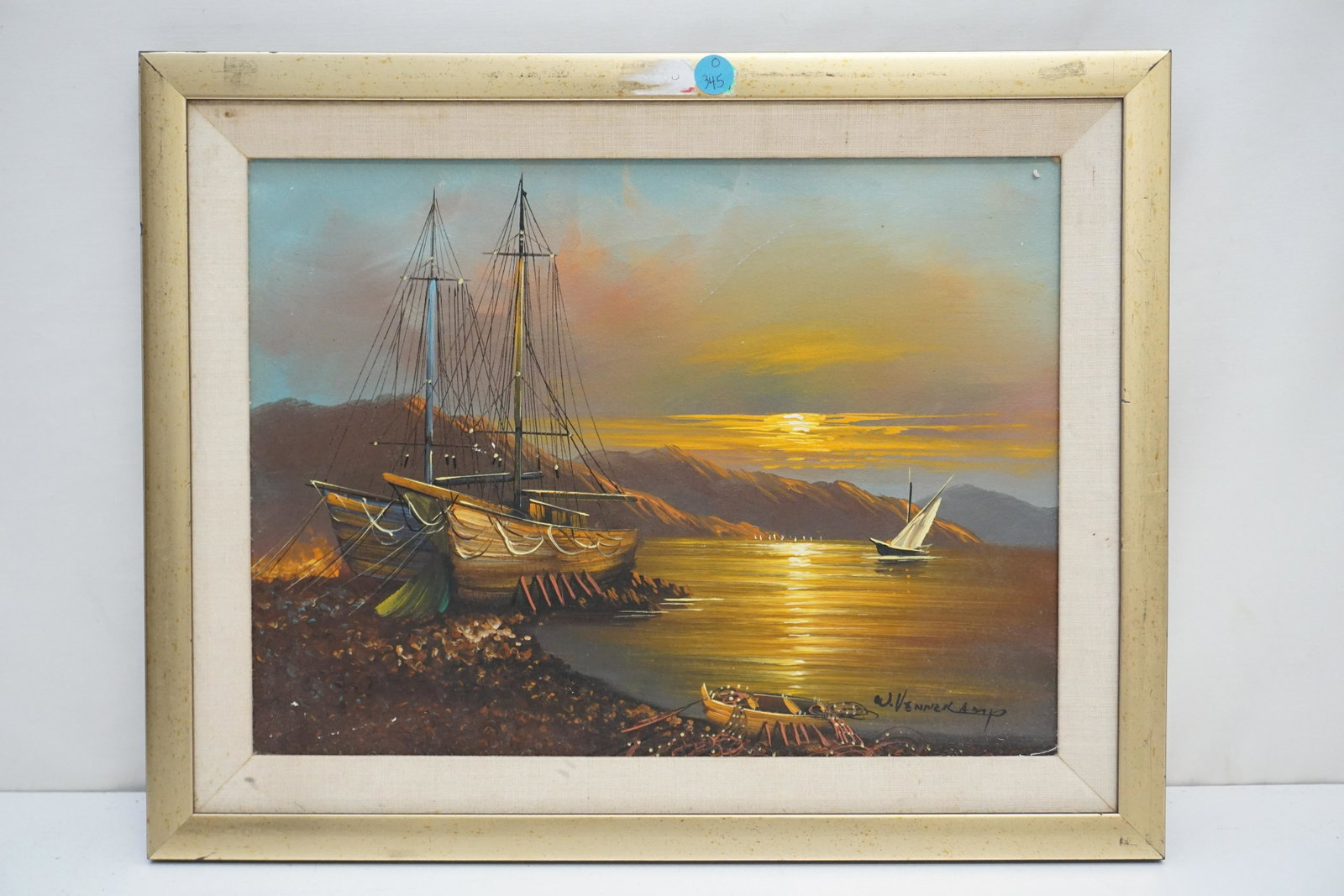 W. VENNEKAMP SAILBOATS AT SUNSET: An original, signed oil painting by German artist W. Vennekamp. Sailboats at sunset. In wood frame with linen liner . Measures 19 1/2"x15 1/2"x1". Weight 2 pds 3 oz.