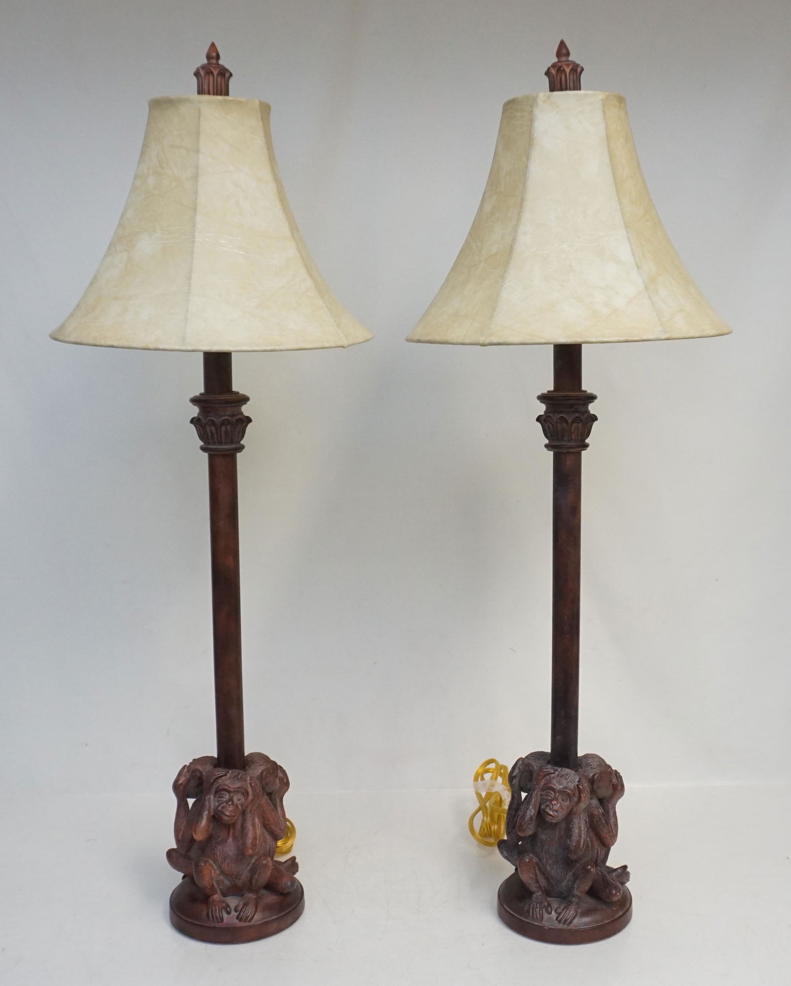 PAIR TALL MONKEY LAMPS: Pair of Tall Decorative 20th c. Composite Monkey Table Lamps. See no evil, hear no evil and speak no evil. Lamps each 24" with shades and finial 30 1/2". Weight 1p pds 8 oz. ***Pickup only or Shipping