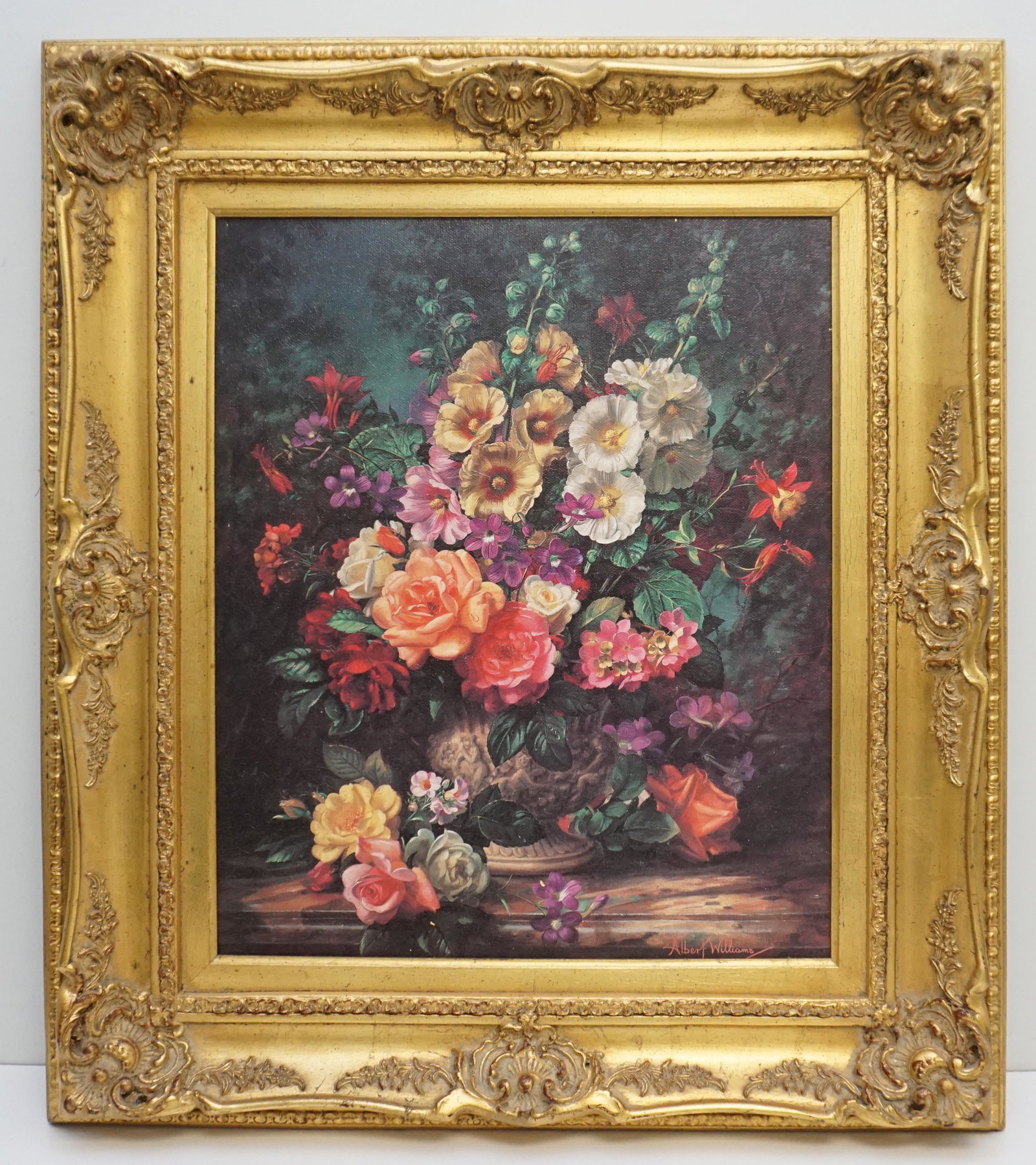 ALBERT WILLIAMS (1922-2010) STILL LIFE GICLEE: Albert Williams (British,1922-2010) Giclee on Canvas "Still Life with Hollyhocks." In ornate wood and Gesso frame. In frame measures 30"x35x3". Weight 17 pds. PROVENANCE: A Private Charleston SC Estat