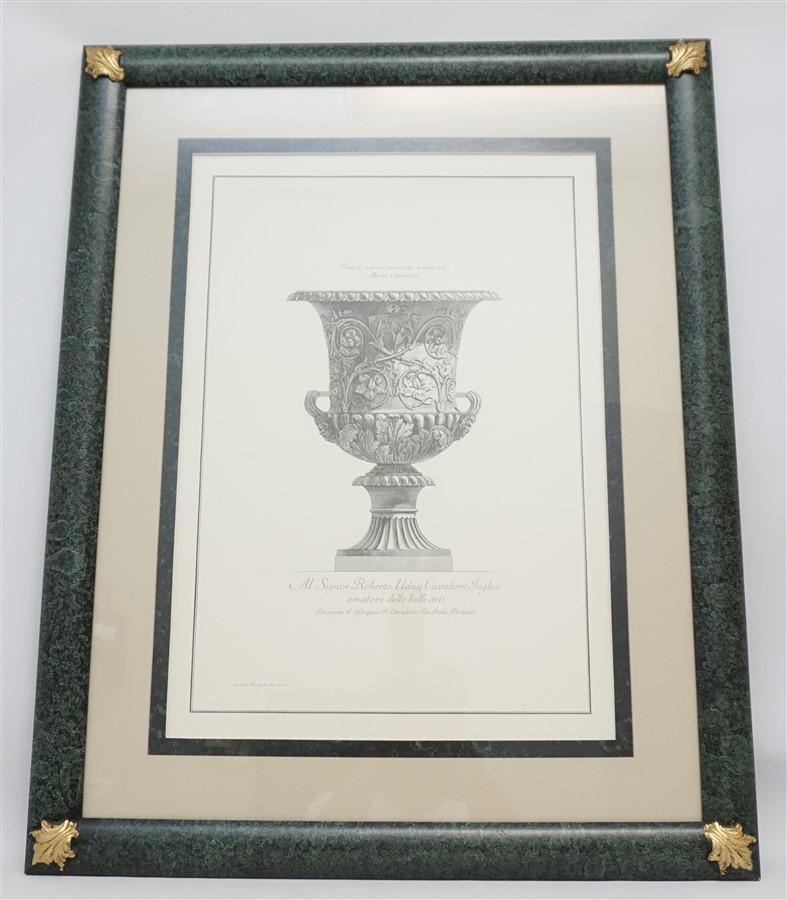 CAPITOLINO URN PIRANESI PRINT IN PAINTED FRAME: Large 20th c. Giovanni Battista Piranesi Architectural Urn Print. Professionally framed and double matted in Faux Painted Gallery Frame with gilt accented corners and matching inner mat. Measures 30"x