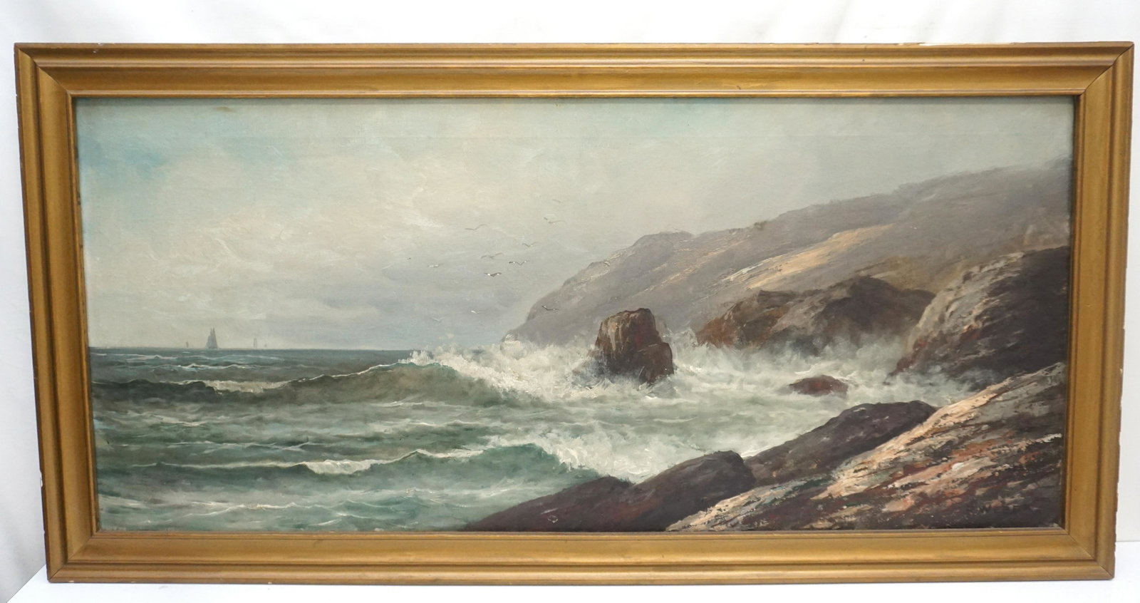 LARGE PAUL WEBER (1823-1916) COASTAL SEASCAPE: Large Oil on Canvas, Rocky Coastal Seascape, by Paul Gottlieb Weber (1823-1916). Signed lower right. Landscape and portrait painter, Paul Weber studied in Frankfort, Germany and then emigrated to the