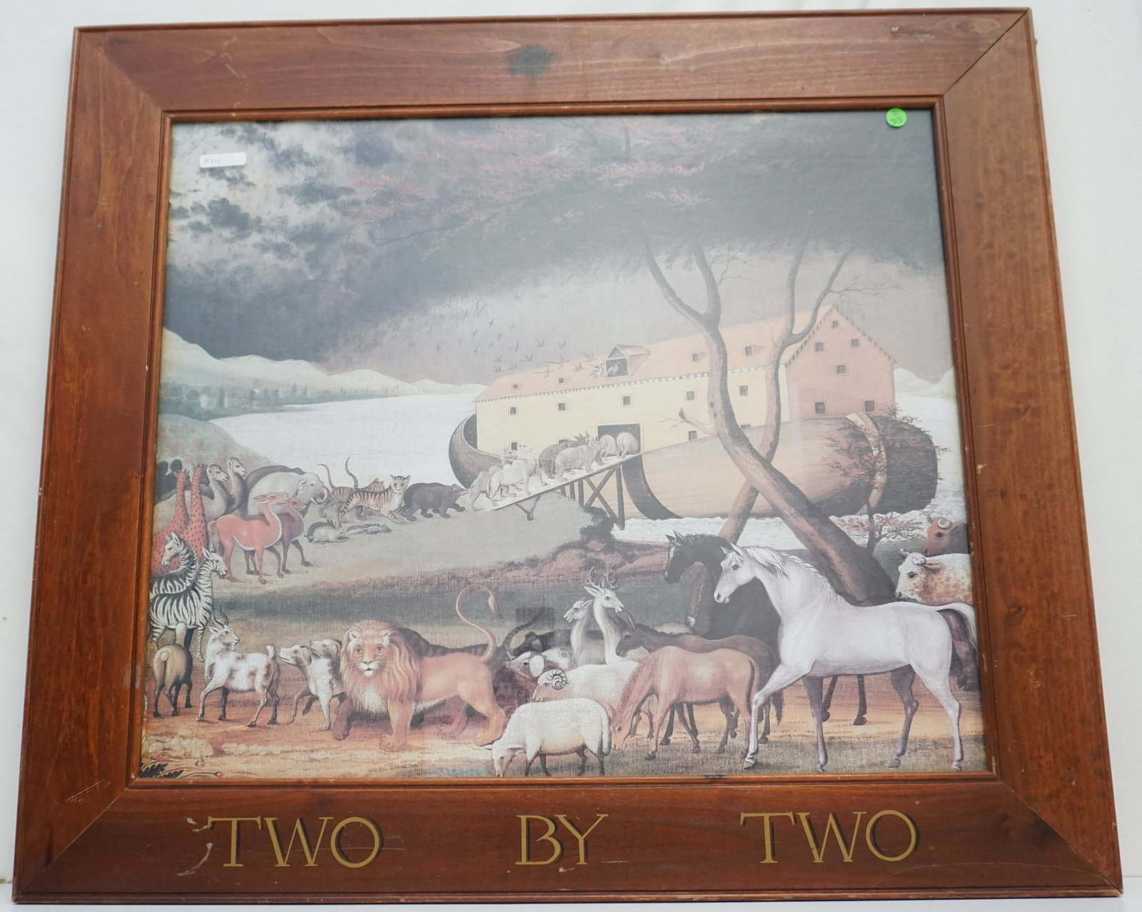 FRAMED EDWARD HICKS PRINT TWO BY TWO IN WOOD: Framed Large Edward Hicks (American, 1780-1849) Framed Art Print. Noah's Ark "Two by Two". in wood frame with stenciled title. Edward Hicks was an American folk painter and distinguished religious min