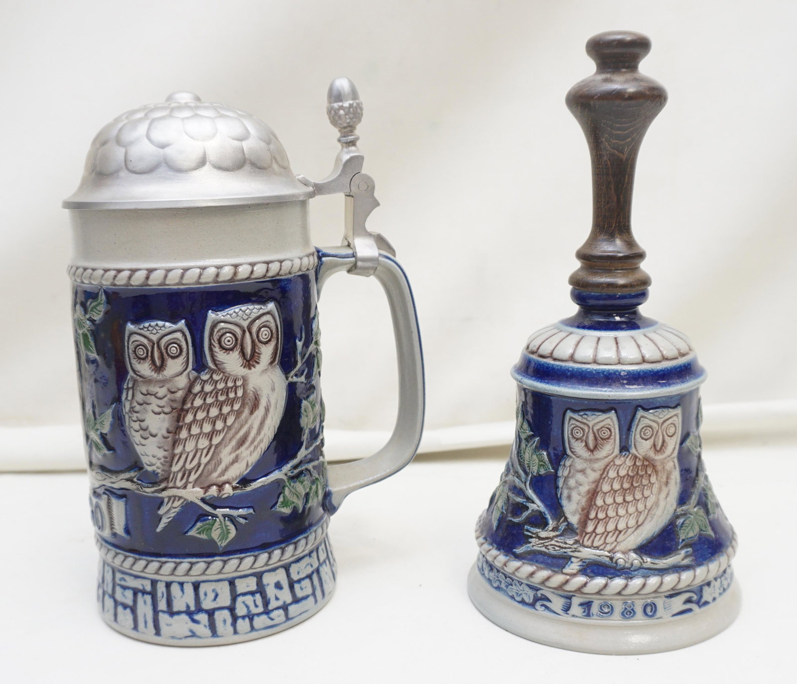 2 PC GOEBEL OWL STEIN & OWL BELL: Vintage Collectible Goebel Owl Lidded Stein and Bell from the Bavarian Forest Series. Both 9" tall, weight combined 3 pds 7 oz.