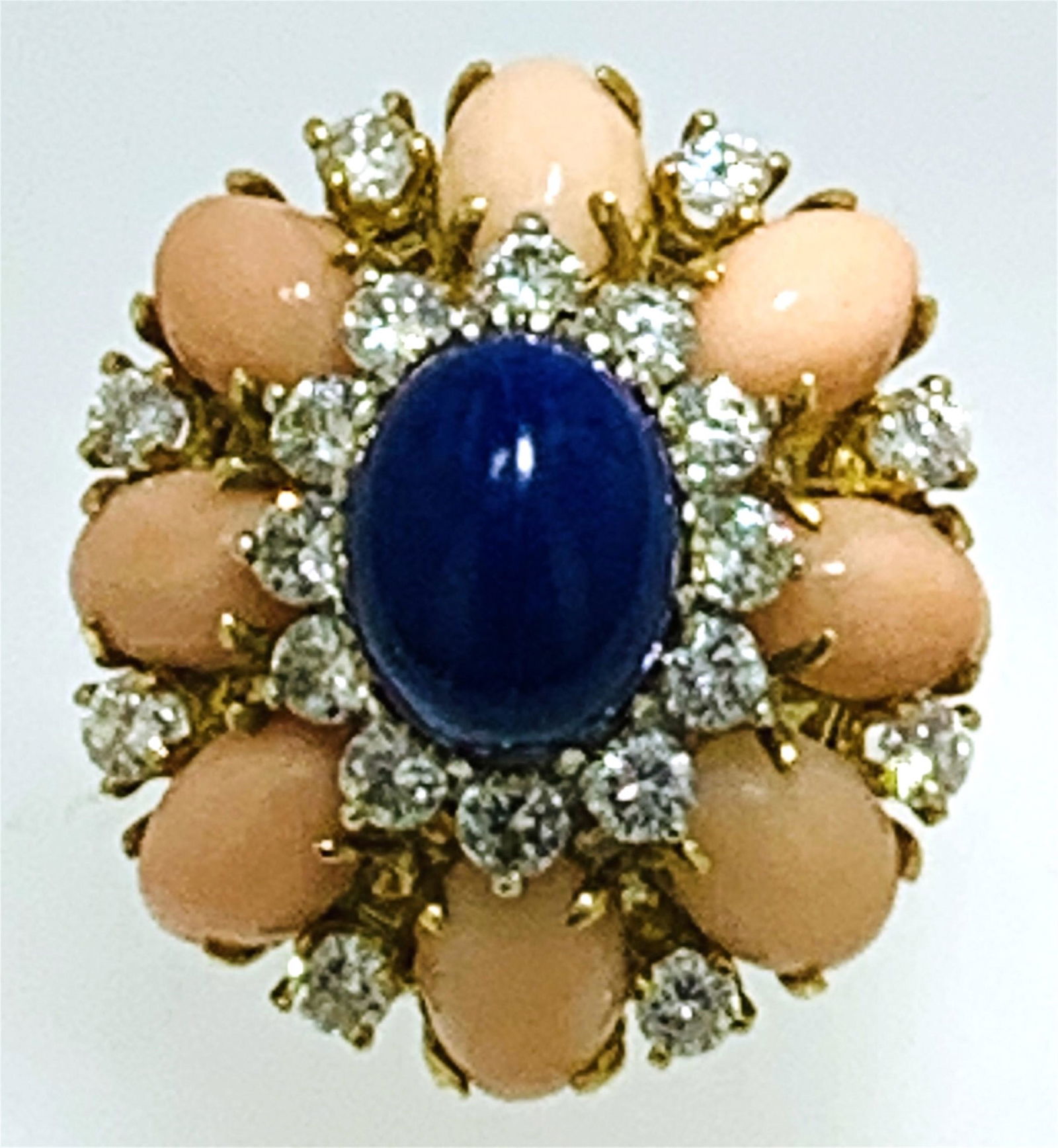 18KT LAPIS , CORAL & DIAMOND RING (SIZE 7) (1 of 5)