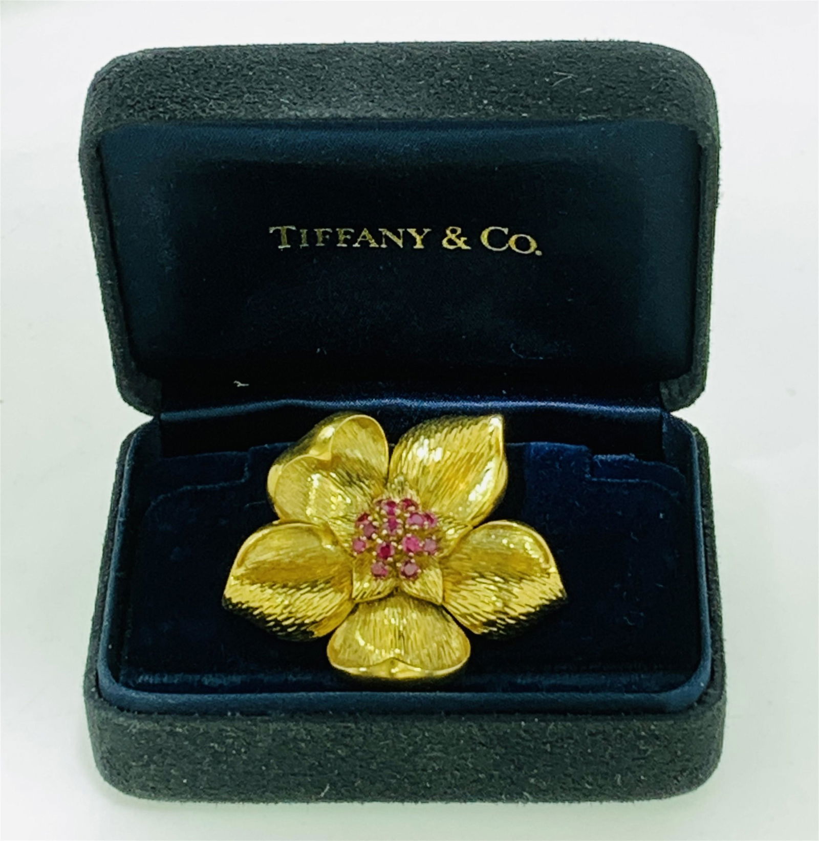 TIFFANY & CO. 18KT GOLD RUBY DOGWOOD STYLE BROOCH (1 of 5)