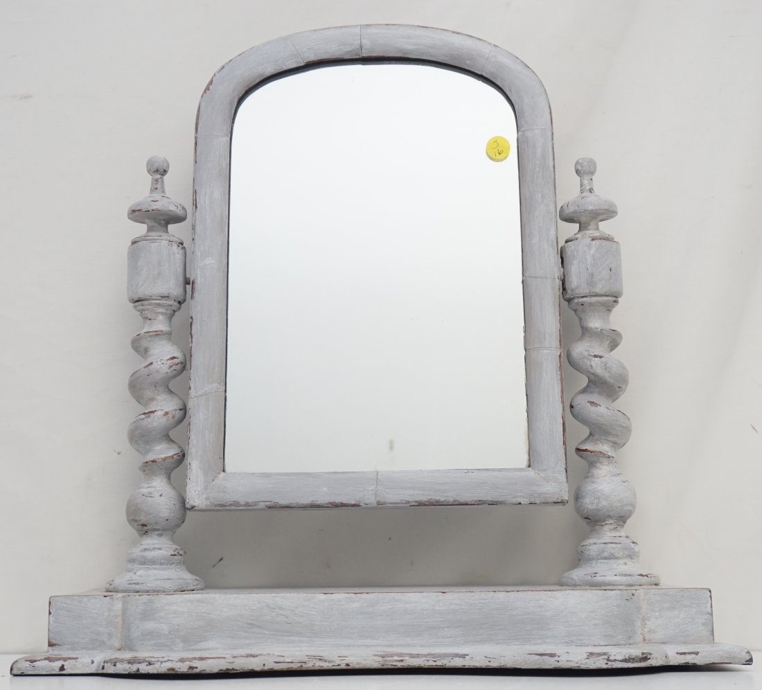 ANTIQUE CHALK PAINTED DRESSING MIRROR: Antique Gray Chalk Painted Gentlemans Dressing / Shaving Mirror. Swivel Mirror, Turned Stiles. Measures 18 1/2"x9"x20". Weight 7 pds. 12 oz. PROVENANCE: A Charleston SC Private Estate. NO IN HOUSE SHI