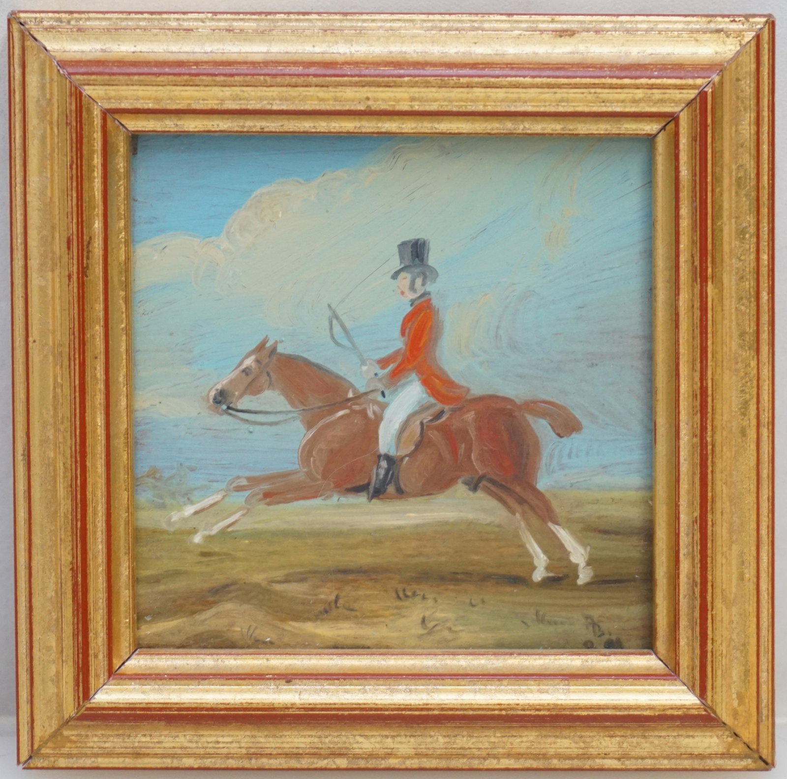 MINIATURE OIL ON BOARD HUNTSMAN DAVID BARHAM: Miniature Oil on Board "Huntsman" by Anthony Barham (England/Virginia). In gilt wood frame. In frame measures 4"x4"x3/4". PROVENANCE: A Private Charleston SC Estate. Born and raised in London, England