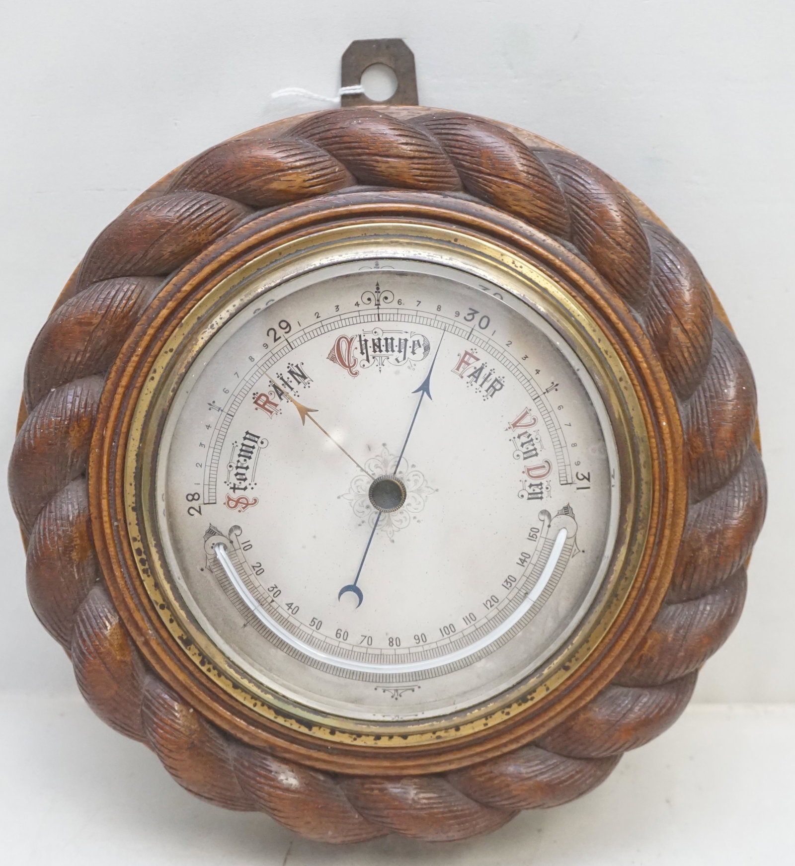 ENGLISH OAK TWIST SHIP BAROMETER & THERMOMETER: Antique c. 1900 English Oak Rope Twist Ship Barometer with Curved Thermometer. Beveled Glass. Measures 8 1/4" Weight 3 pds 3 oz. PROVENANCE: The Historic Reverend Paul Trapier Gervais House, Charlesto