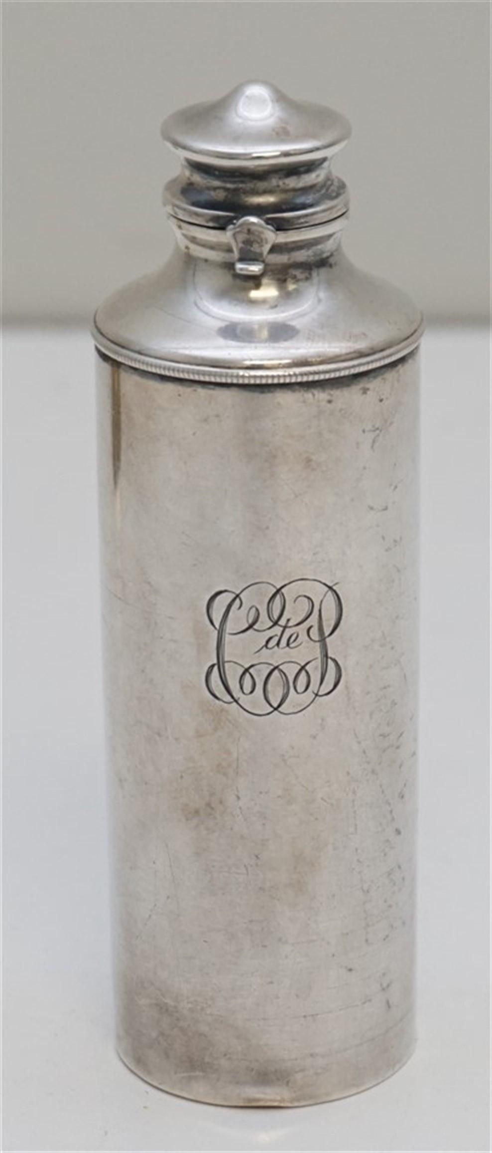 TIFFANY STERLING PERFUME / COLOGNE: Early Tiffany Sterling Silver Necessaire Canister / Container for Dresser Top or Travel. Made 1907-1947 under the directorship of John C. Moore II. Engraved. Makers marks: Tiffany & Co Makers/ 17159 /