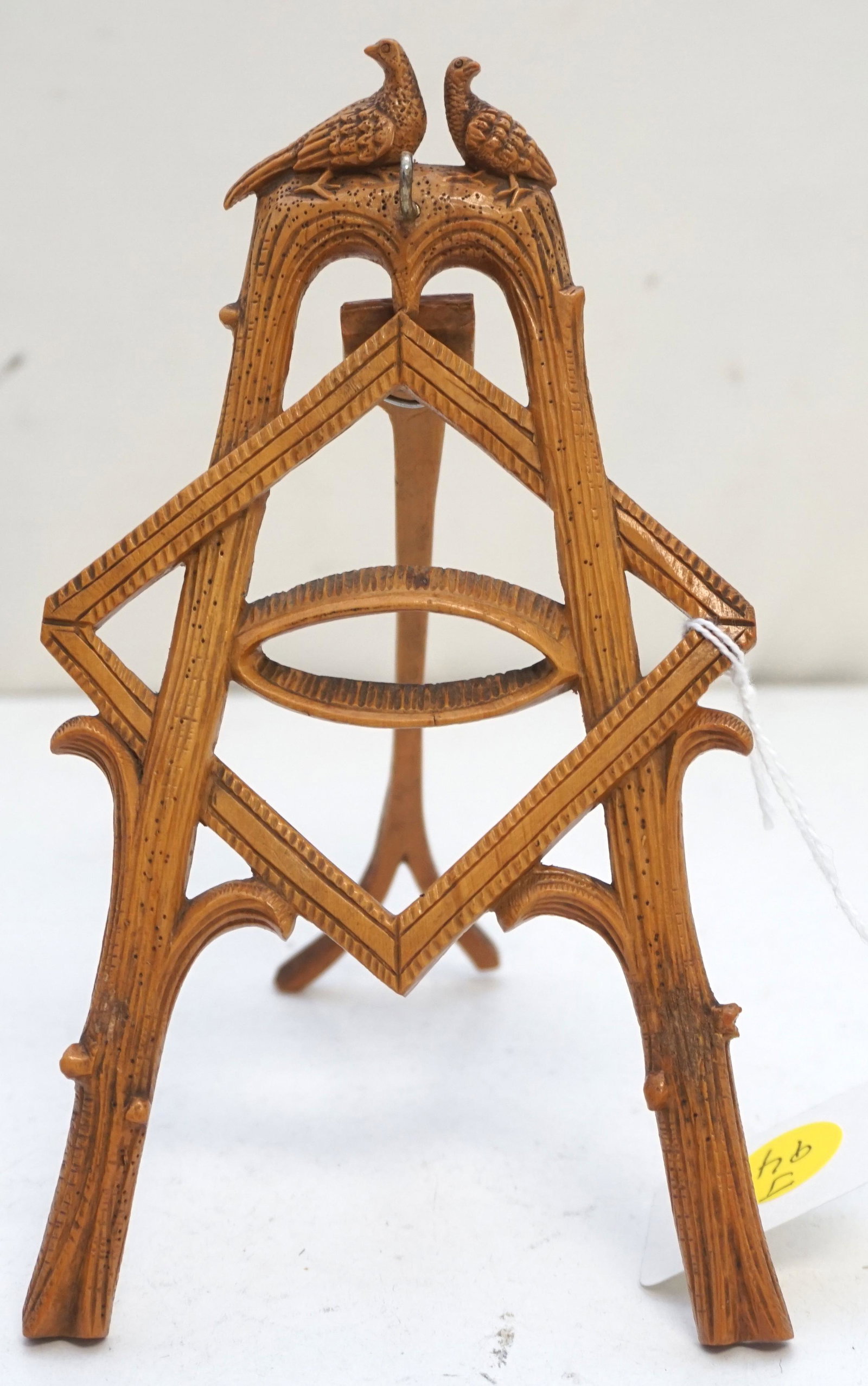EDWARDIAN CARVED POCKET WATCH STAND: Antique Carved Edwardian Pocket Watch Stand. Easel Back with a Pheasant couple on top circa 1910. Measures 4"x7 1/4". PROVENANCE: A Charleston SC Private Estate.