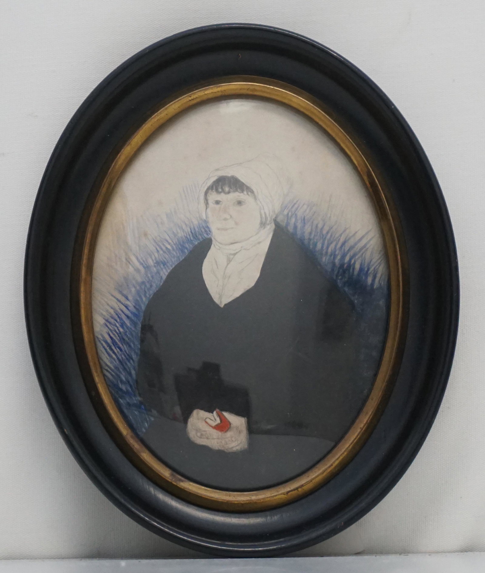 19th c ENGLISH PORTRAIT MINIATURE MRS JOHN BUTTERFIELD: Antique English Portrait Miniature of Mrs. John Butterfield nee Miss Mary Smith of Tring, Hertfordshire, England. Wood and gilt easel back frame. In frame measures 6 3/4"x5 1/2"x1". PROVENANCE: A Char