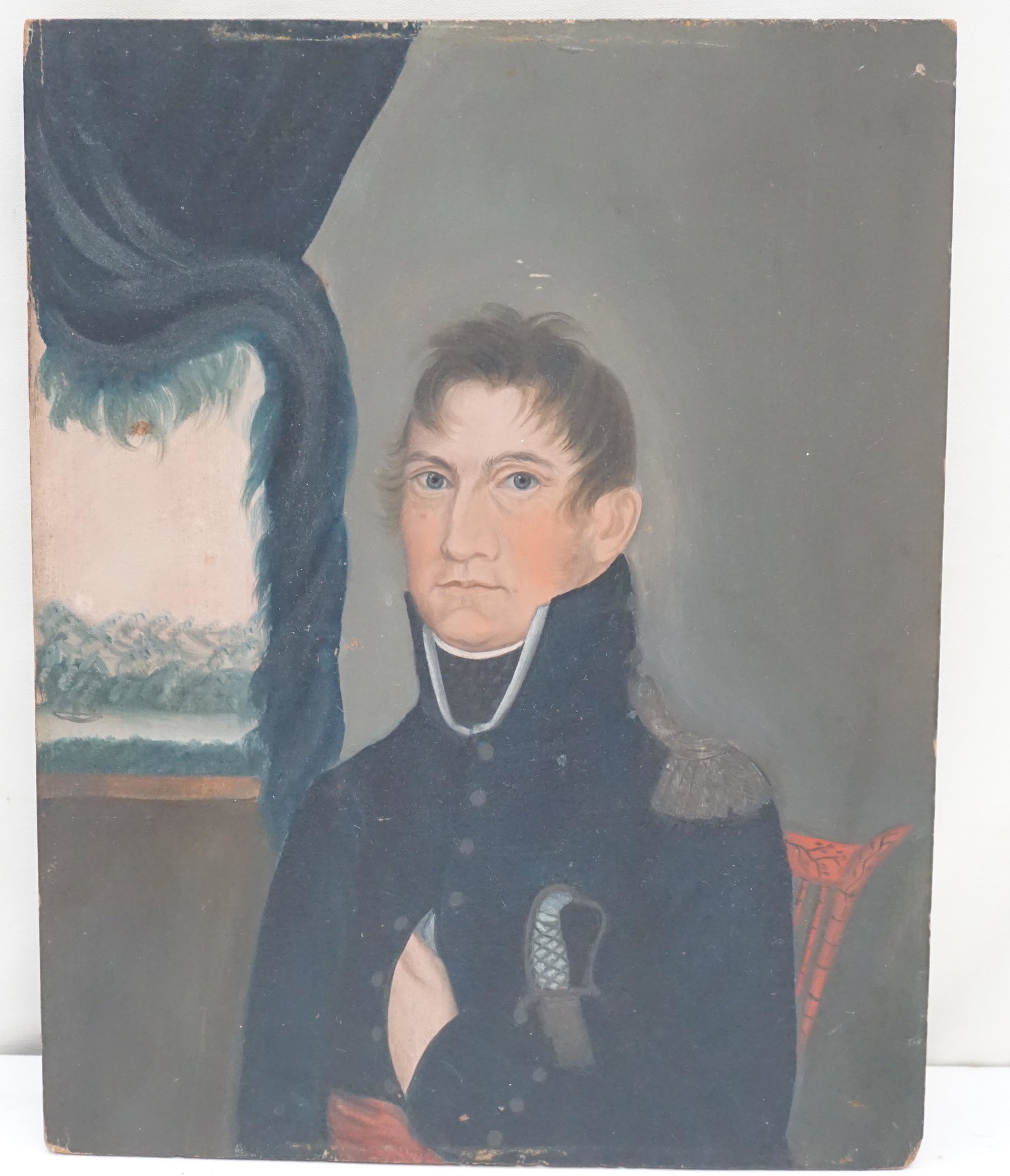 19th C AMERICAN FOLK ART PORTRAIT NAVAL OFFICER: 19th c. American Folk Art OIl on Panel Portrait of a Naval Officer. His hand is somewhat hidden in the front of his jacket in the classic Napoleon pose that was so popular for men's portraits of the p