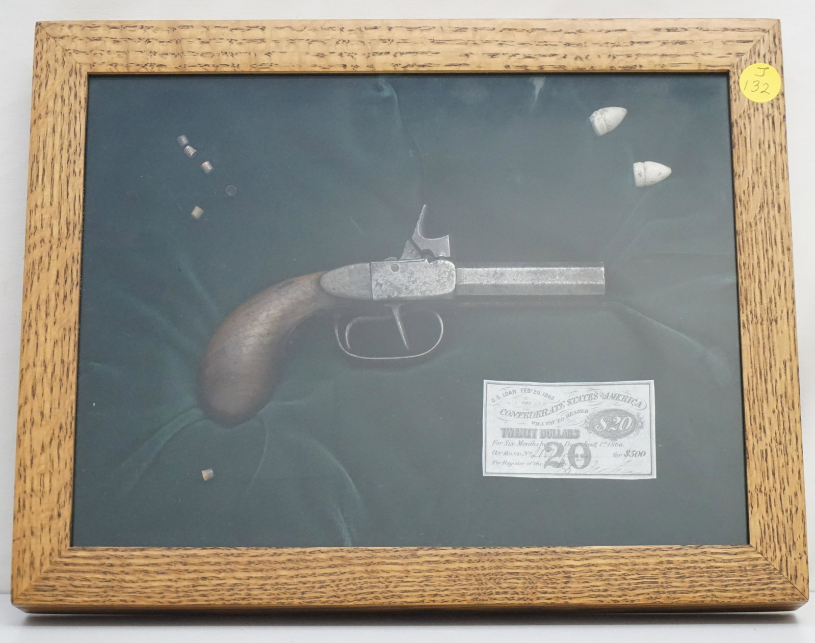 CIVIL WAR ERA DISPLAY DOUBLE BARREL PERCUSSION PISTOL: Civil War era double barrel percussion replica pistol in Shadowbox frame. Octagonal barrels. There is no visible makers name. Displayed with a $20 Confederate Bond Interest Coupon 1863. In Oak Shadow 