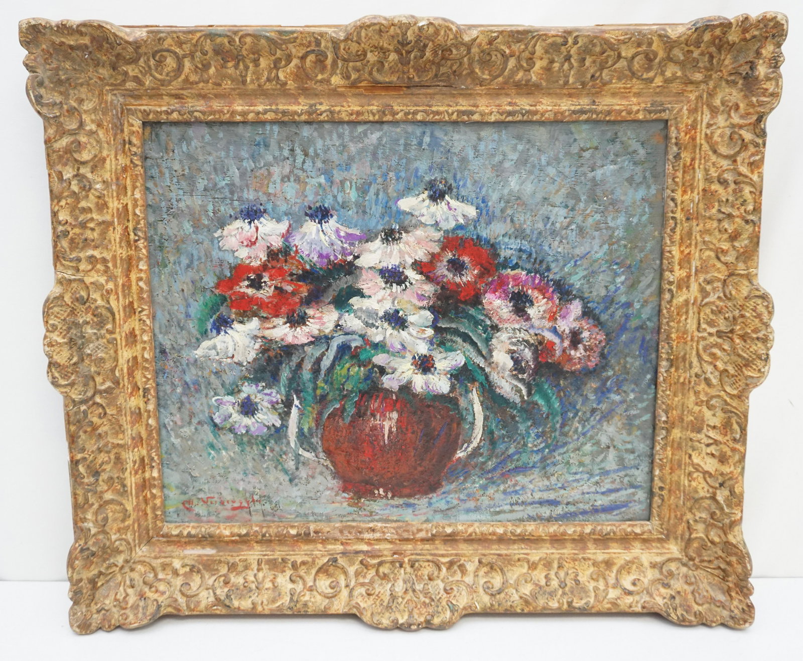 CHARLES HENRI VERBRUGGHE (1877-1974) STILL LIFE: Charles Henri Verbrugghe (Belgian, 1877-1974) Oil on Panel "Vase d'Anemones". Early 20th c. Post Impressionist. In ornate carved wood and gesso antique frame. Panel 15"x18". In frame 24"x21"x2". Weigh