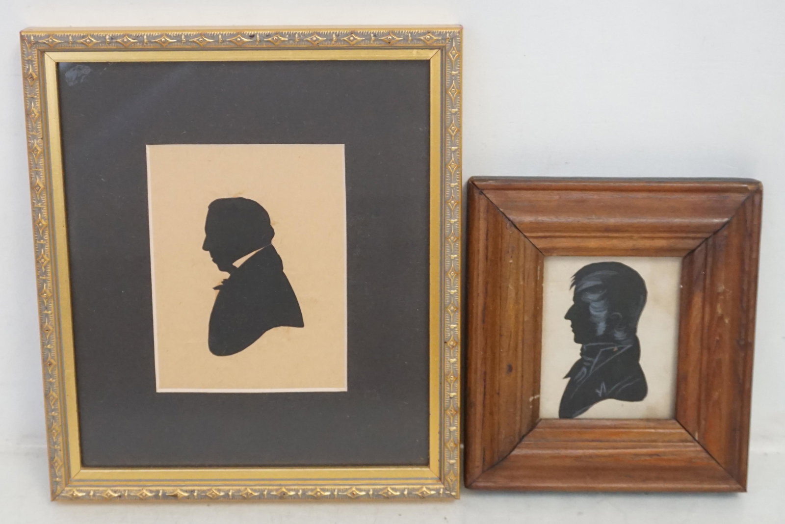 2 ANTIQUE 19th c SIHOUETTES GENTLEMEN: Both Antique 19th c. 1- Hollow Cut Gentlemans Silhouette with Paint Enhancement.Period Frame 4 3/4"x5 1/4"x3/4". 2- Cut and Paste Older Gentlmans Silhouette in Gilt Frame 6 3/4"x7 3/4"x1/2". Weight co