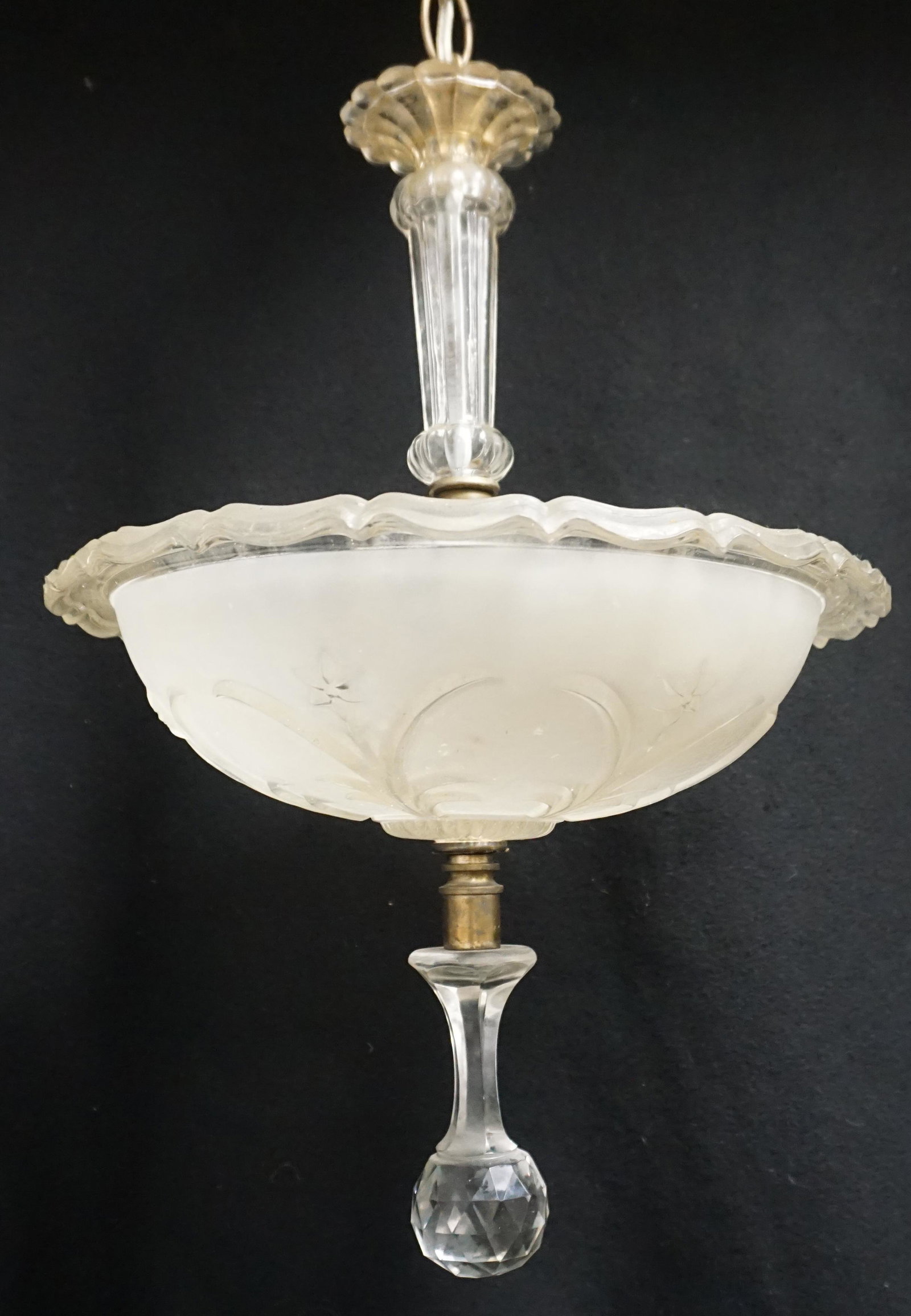 ANTIQUE 1920s DROP PENDANT LIGHT: Antique 1930-1930s Glass Drop Ceiling Lamp. Fixture 21". Chain drop 9". NO IN HOUSE SHIPPING ON THIS LOT. PROVENANCE: A Private Charleston SC Estate.***Pickup only or Shipping on this item offered thr