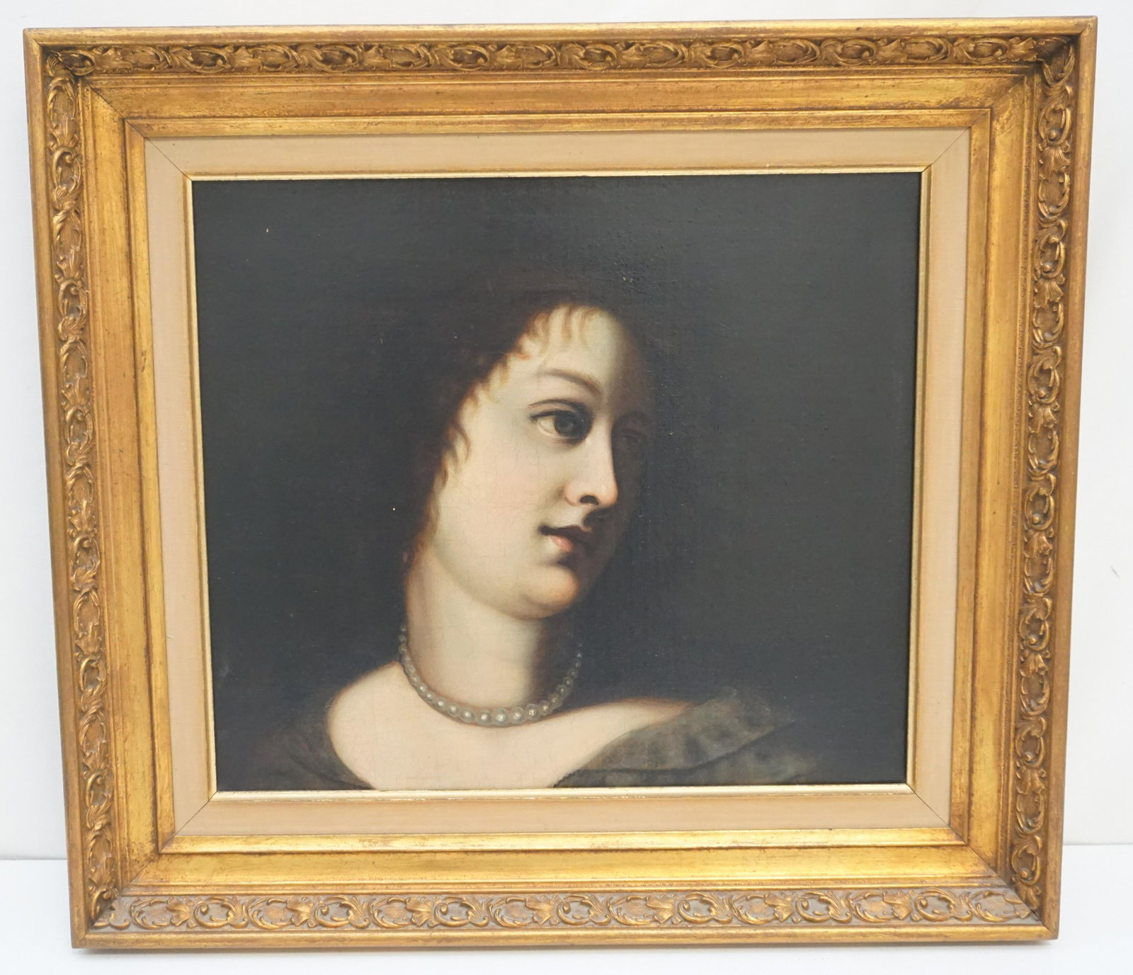 19th c OIL PAINTING PORTRAIT WITH PEARLS: Late 19th c. Oil on Canvas Portrait of a Woman with a String of Pearls. No visible signature. In gilt wood frame with linen liner. Swains Art Store now Swains galleries label en verso. In frame measur