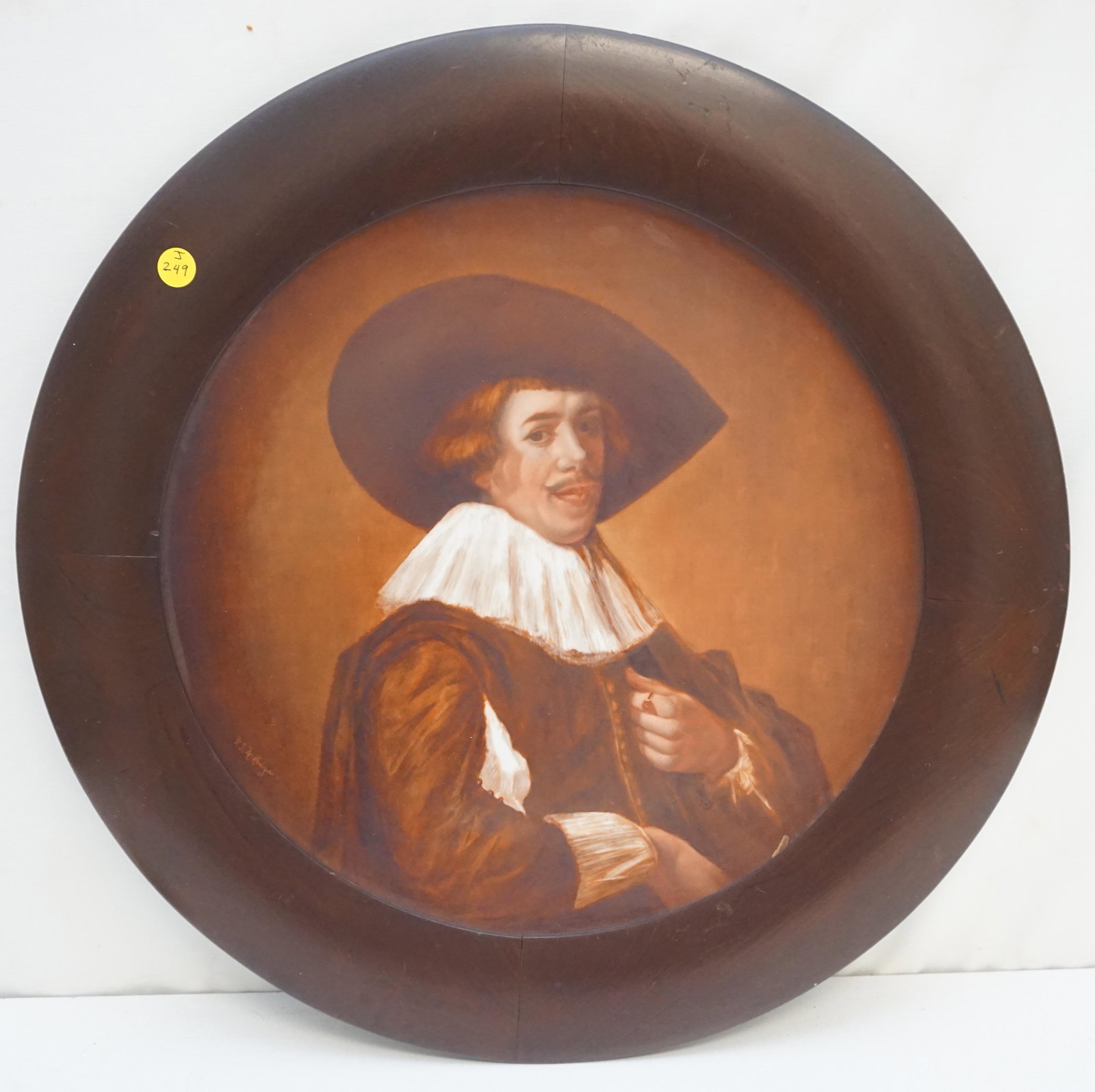 LARGE LIMOGES HAND PAINTED CHARGER FRAMED: Large Antique Limoges France ,Tressemann and Vogt (T&V) Artist Signed Porcelain Charger. Cavalier, painted in sepia tone. In Walnut Frame, retailed at Gorham Art who had galleries in New Youk and Newp
