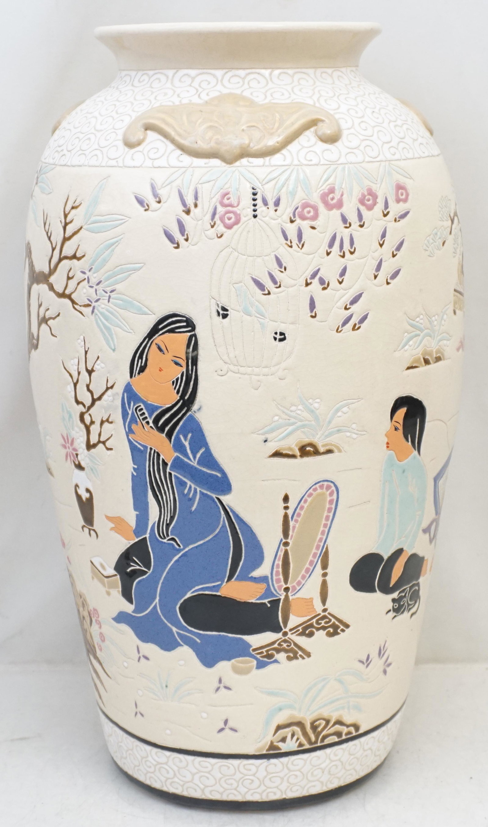 LARGE VINTAGE DONA VIETNAM VASE: Large Vintage Dona Vietnamese Vase. Measures 9 1/2"x9 1/2"x20". Weight 13 pds. NO IN HOUSE SHIPPING ON THIS LOT. PROVENANCE: A Private Charleston SC Estate.***Pickup only or Shipping on this item offe