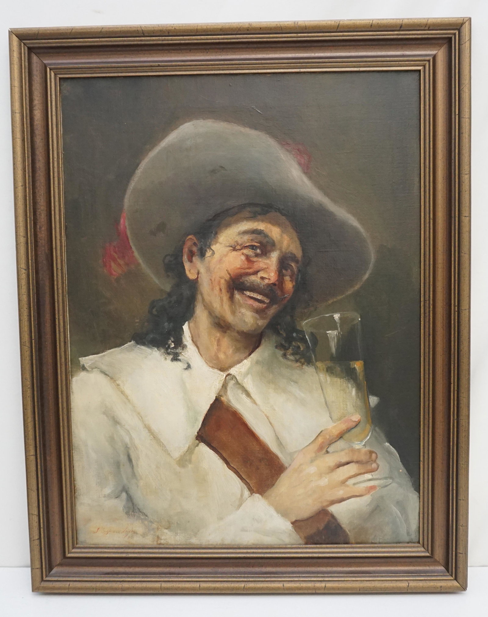 JOHN SEYMOUR LUCAS (1849-1923) CAVALIER WITH WINE: John Seymour Lucas (1849-1923) Oil on Canvas Cavalier with a glass of wine, painted c. 1880. Two old small patches to back. In wood frame measures 22 1/2"x 29"x1 1/2". Weight 5 pds. John Seymour Lucas