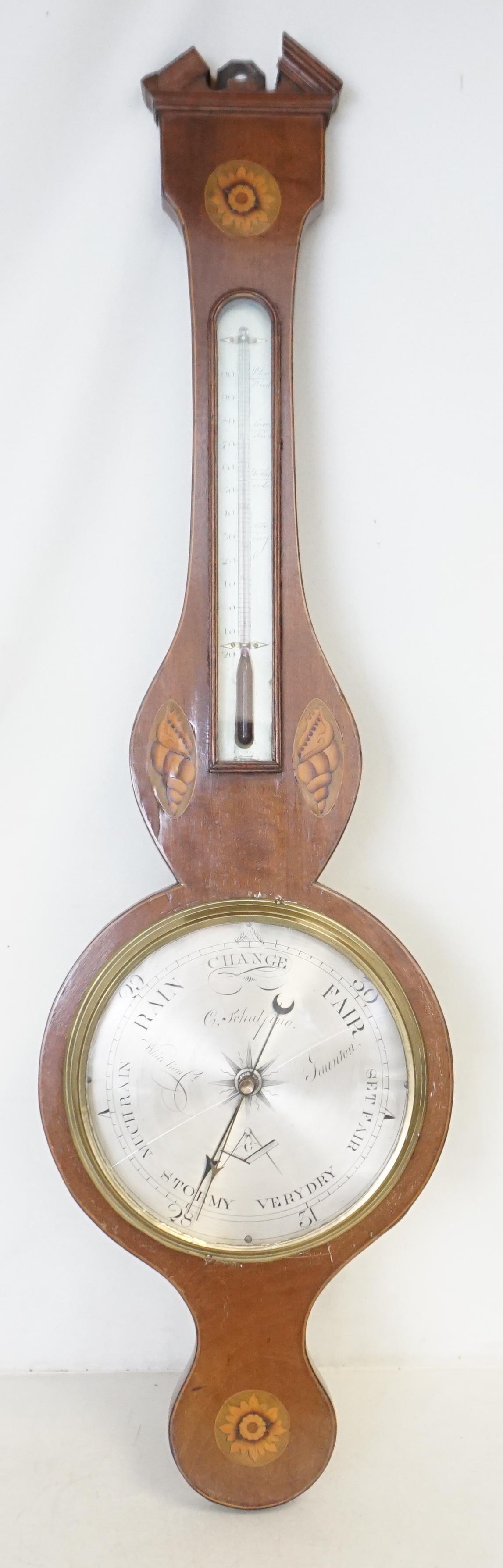 ANTIQUE 19TH CENTURY MASONIC MAHOGANY WHEEL BAROMETER: A good quality mid 19th century wheel barometer in an inlaid mahogany case, having an engraved dial inscribed, C. Schalfino White Lion Court Taunton Somerset and with Masonic emblems square & compass 