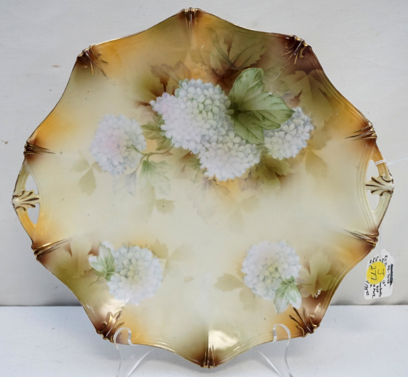 R.S. PRUSSIA MOLD 151 CAKE PLATE: R.S. Prussia Porcelain Hand Painted Snowball Hydrangea Cake Plate. Mold #151. Prussia Star mark used from 1904-1918. Measures 11"x11"x1 1/2". Weight 1 pd 2 oz. PROVENANCE: A Private Charleston SC Esta