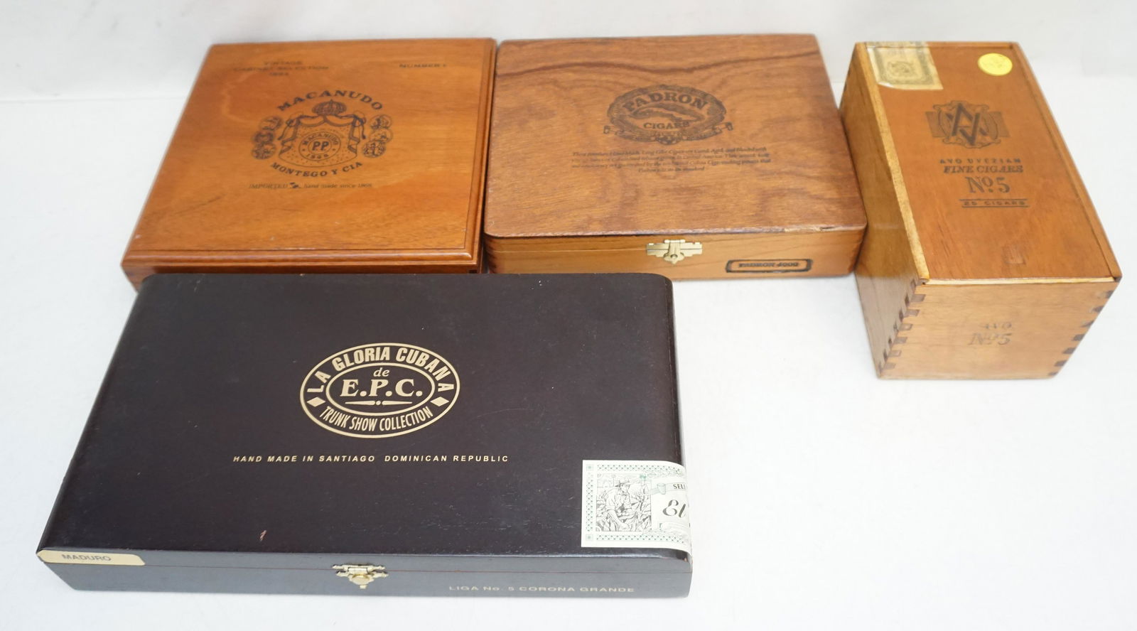 4 VINTAGE WOODEN CIGAR BOXES: 4 Vintage Wooden Cigar Boxes. Perfect for Hobbyists. Largest 12 1/2" Long. Weight on all 3 pds 11 oz. PROVENANCE: A Private Charleston SC Estate.