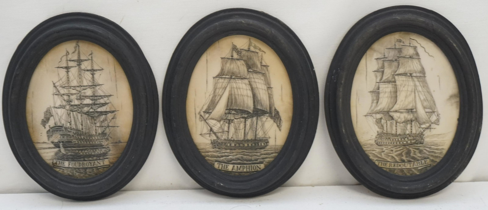3 VINTAGE COMPOSITE RESIN SCRIMSHAW SHIPS: 3 Vintage Framed Composite Resin Scrimshaw Pictures. Each 5 1/2"x4 1/2"x1/2". Weight on all 1 pd.